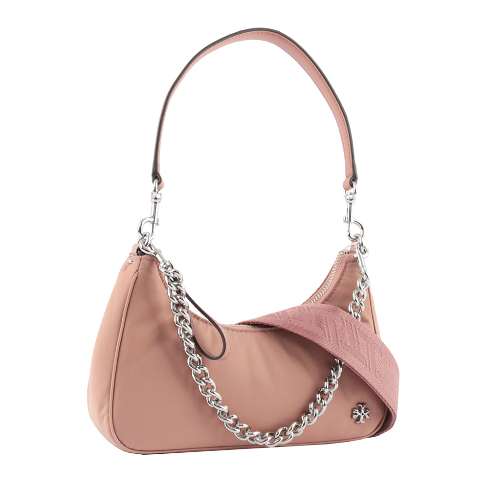 【Tory Burch】151 Mercer 尼龍拼皮革三合一彎月包(錦葵粉)