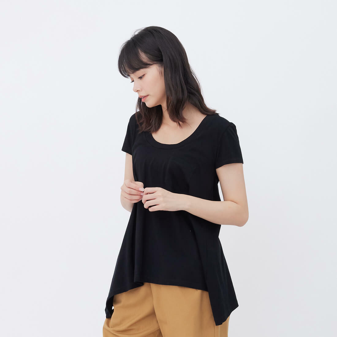 素面純棉短袖傘襬女TEE/黑色
