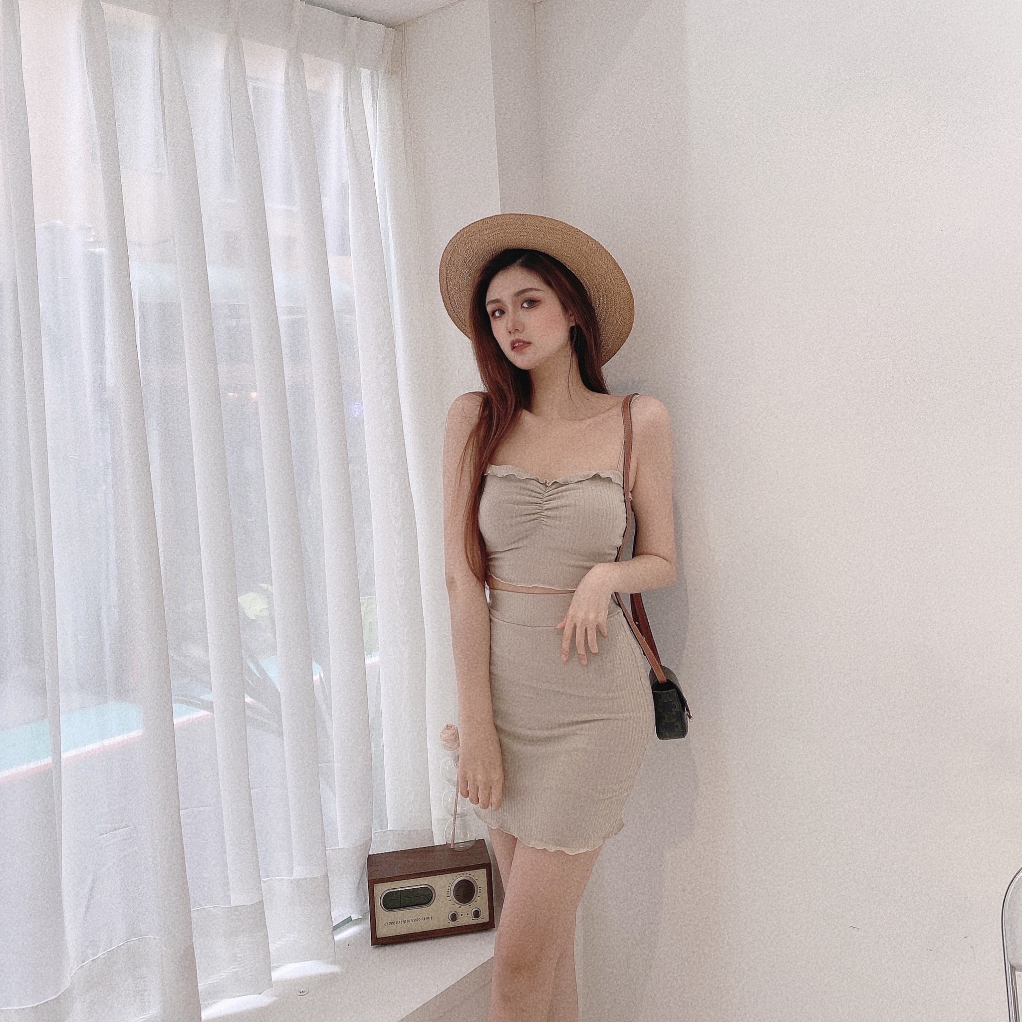 小花邊抓皺胸墊套裝(上衣+裙子)/三色【C02261601】