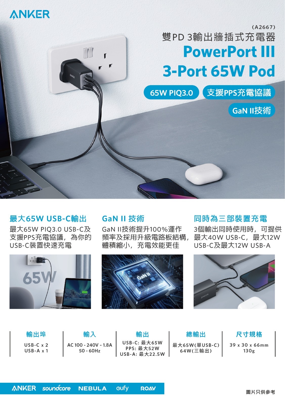 免運】Anker PowerPort III 3-Port 65W PD 3輸出牆插充電器(A2667)