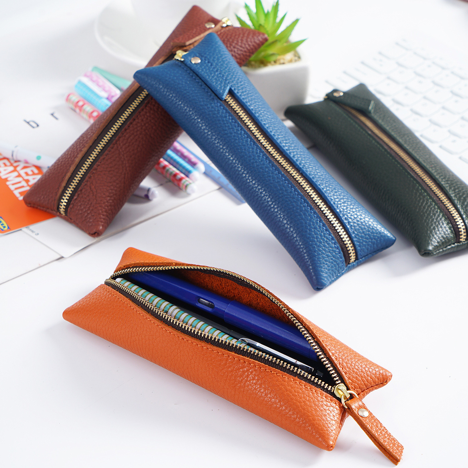 真皮荔枝紋皮革拉鏈筆袋