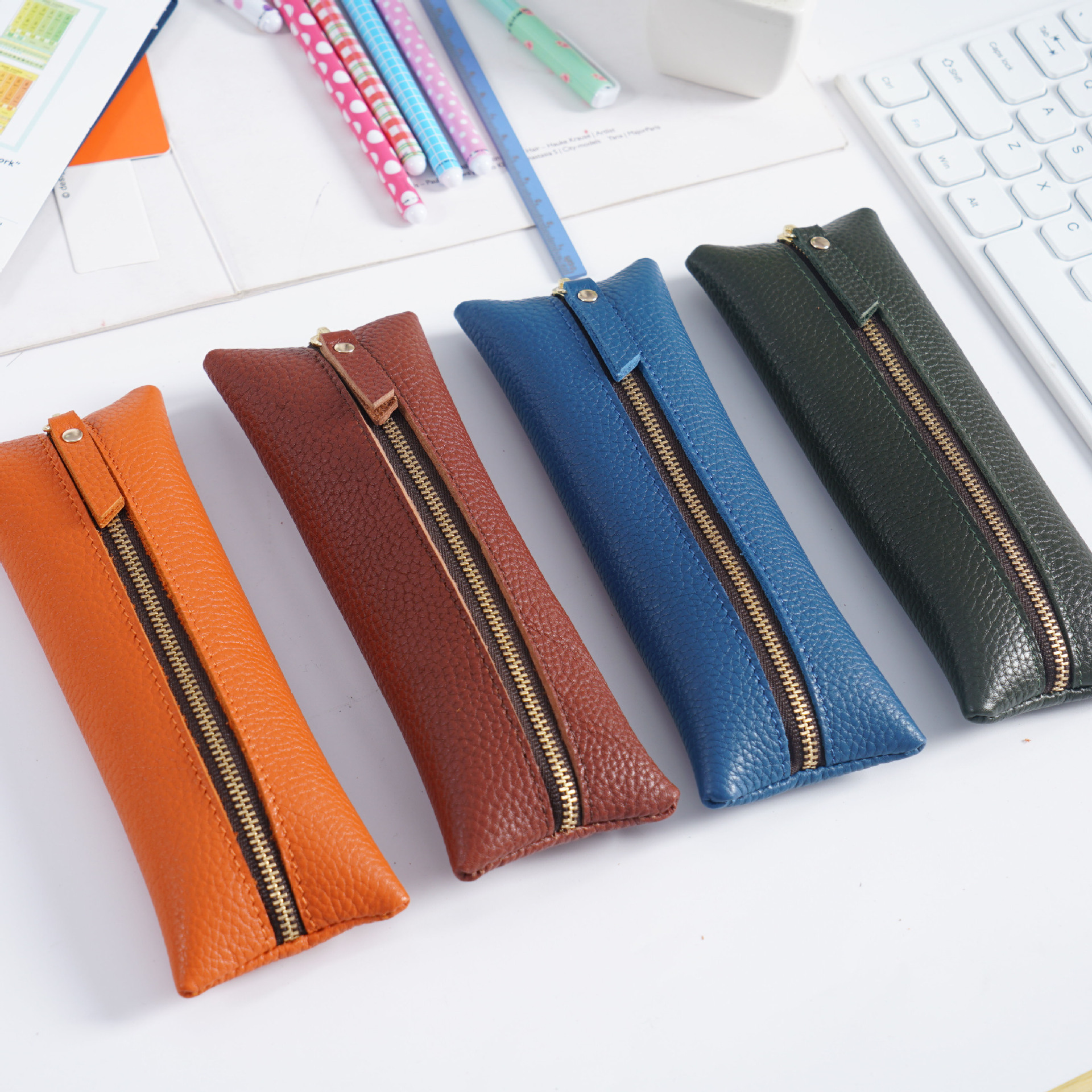 真皮荔枝紋皮革拉鏈筆袋