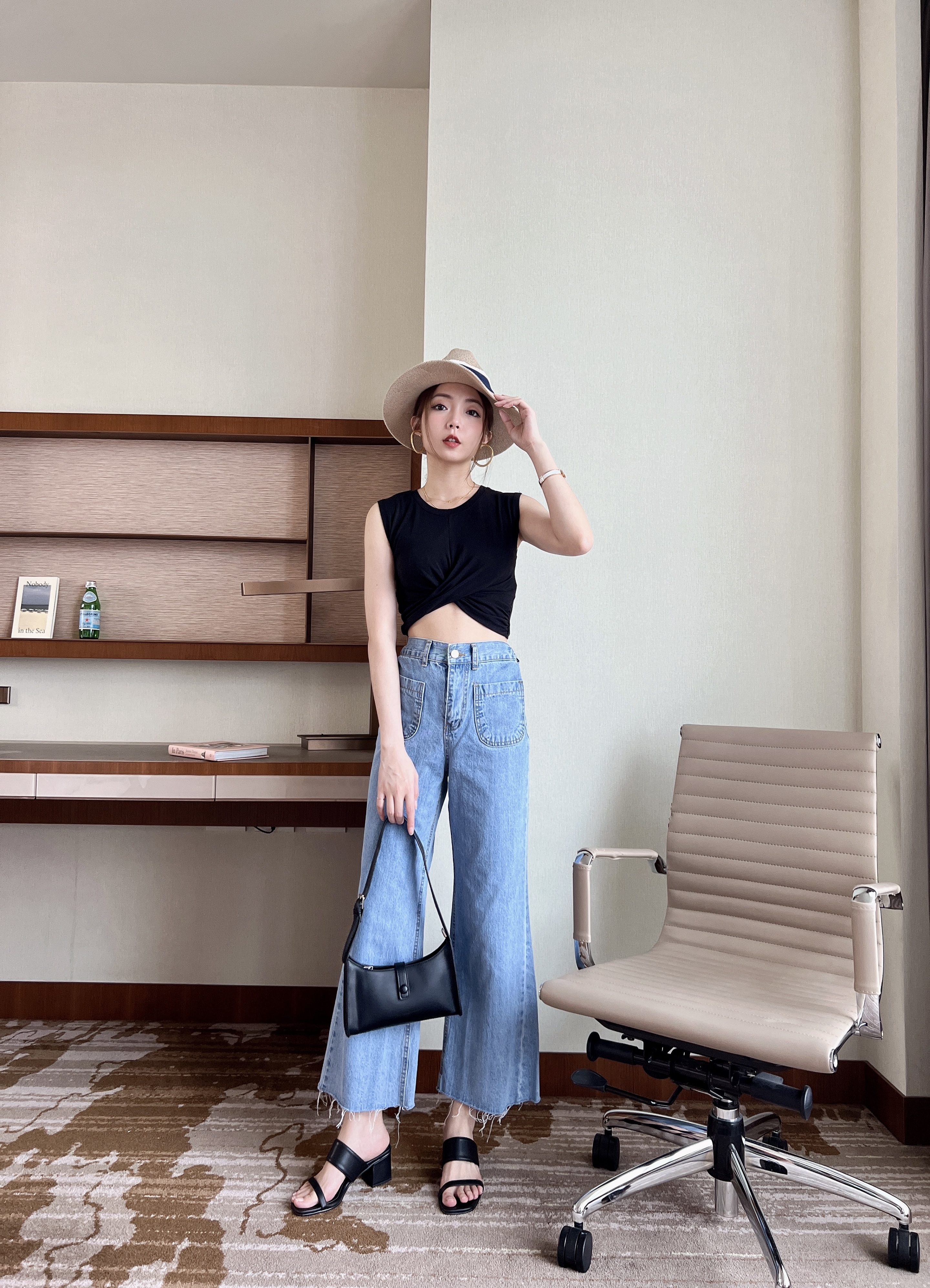 設計師超長腿雙口袋淺藍牛仔寬褲