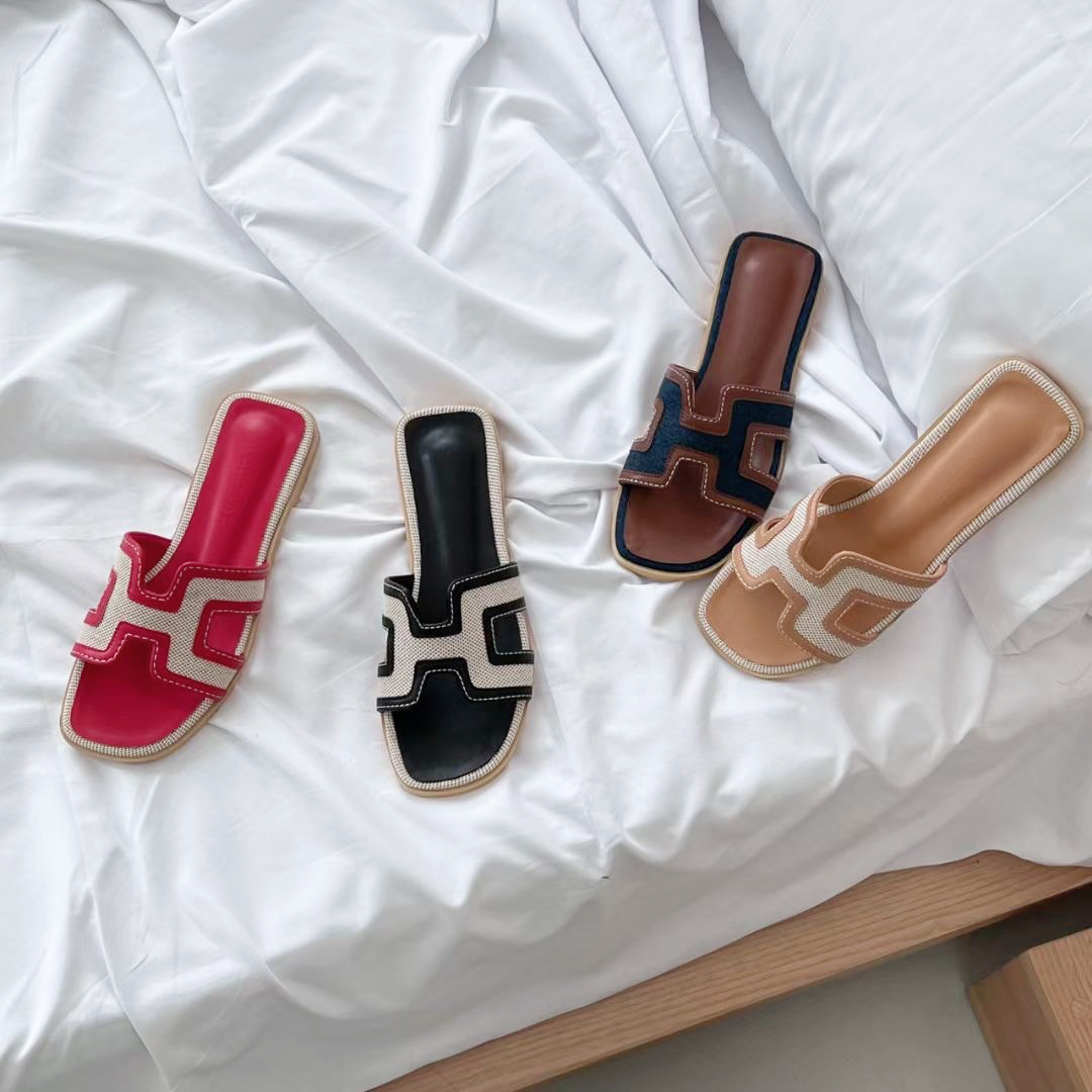 撞色滾邊H拖鞋(深藍24cm/平底)