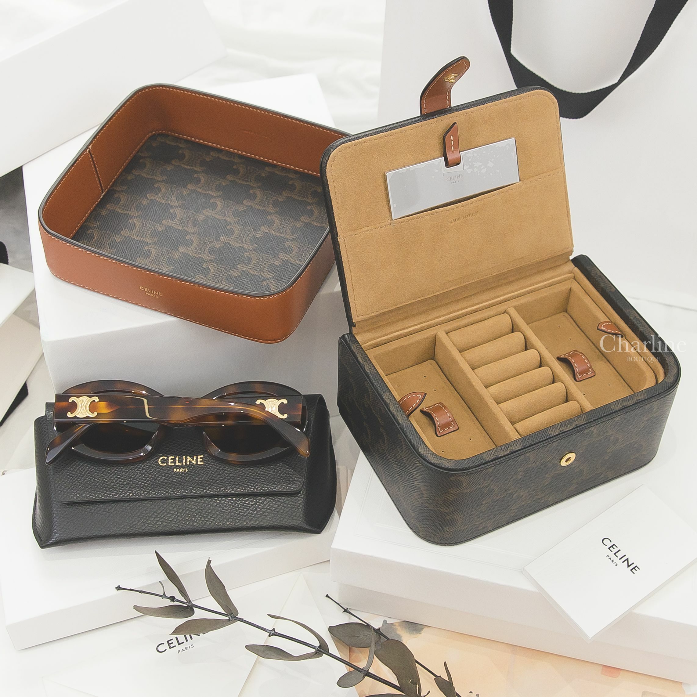 Celine Jewels Case 棕褐色凱旋門老花大型飾品盒,Celine Trinket Bowl 棕褐色凱旋門老花飾品盤,Celine Sunglasses 琥珀色橢圓框側邊金色凱旋門太陽眼鏡-Charline Boutique 精品代購