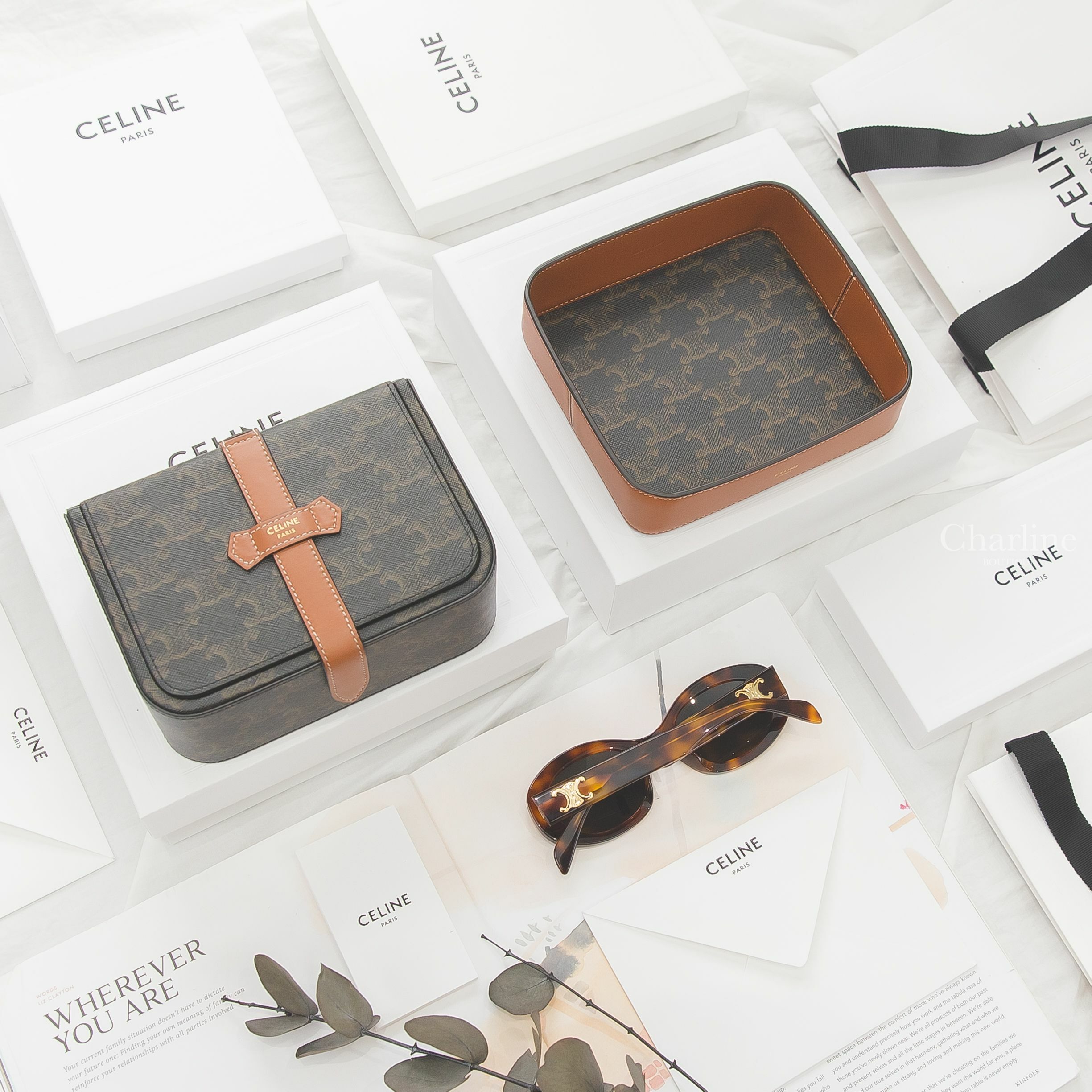 Celine Jewels Case 棕褐色凱旋門老花大型飾品盒,Celine Trinket Bowl 棕褐色凱旋門老花飾品盤,Celine Sunglasses 琥珀色橢圓框側邊金色凱旋門太陽眼鏡-Charline Boutique 精品代購