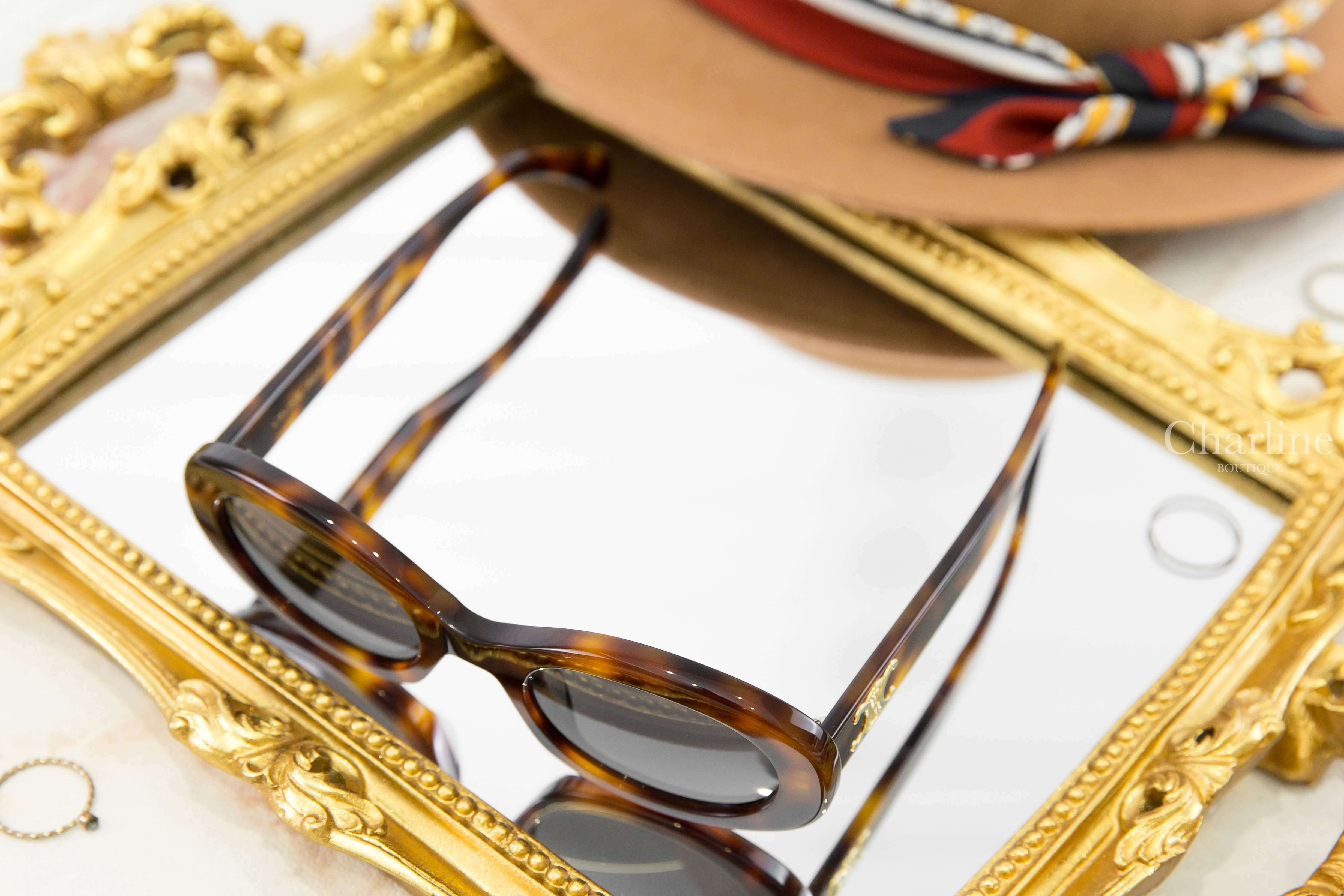 Celine Triomphe 01 Sunglasses In Acetate 琥珀色橢圓框側邊金色凱旋門太陽眼鏡-Charline Boutique 精品代購
