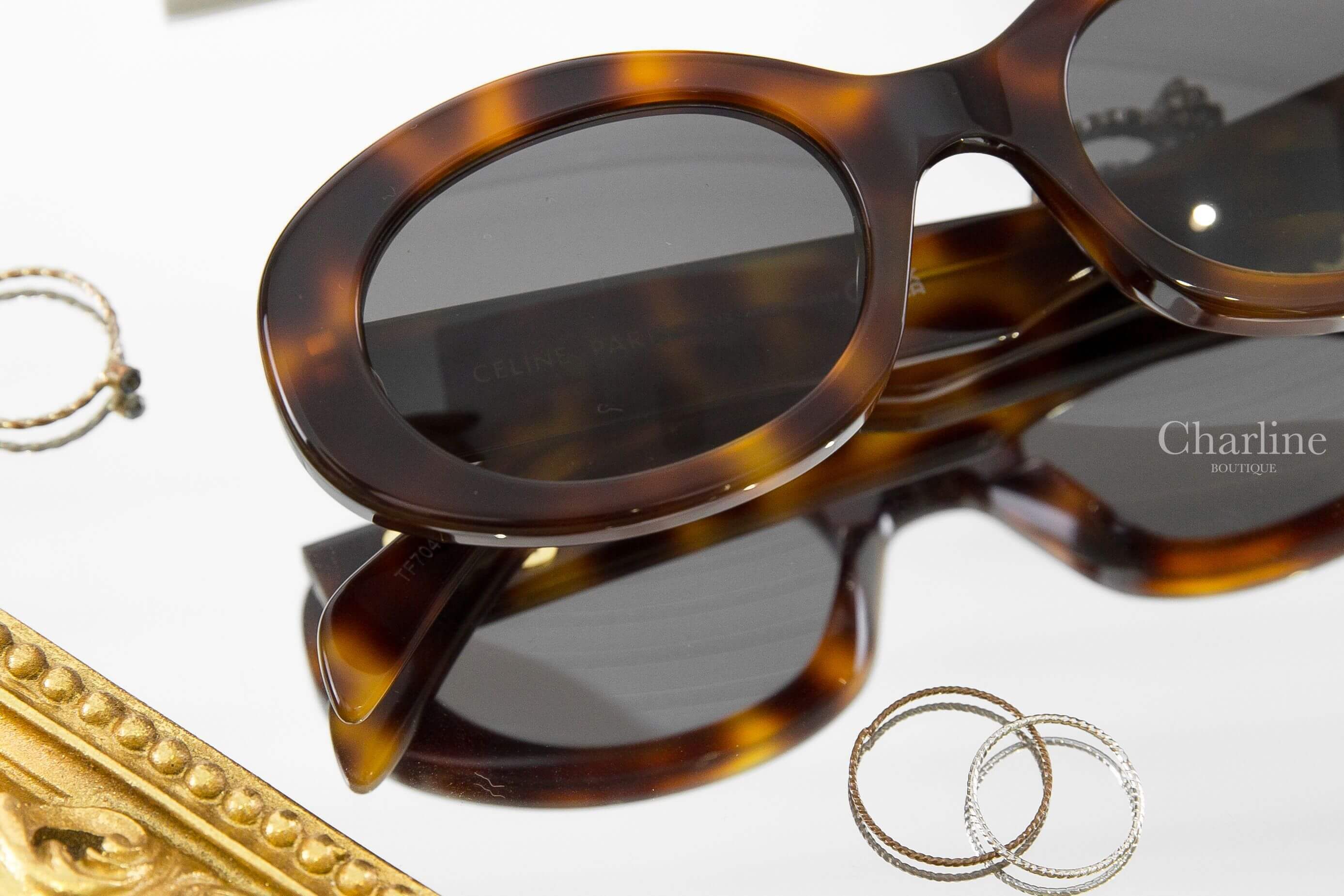 Celine Triomphe 01 Sunglasses In Acetate 琥珀色橢圓框側邊金色凱旋門太陽眼鏡