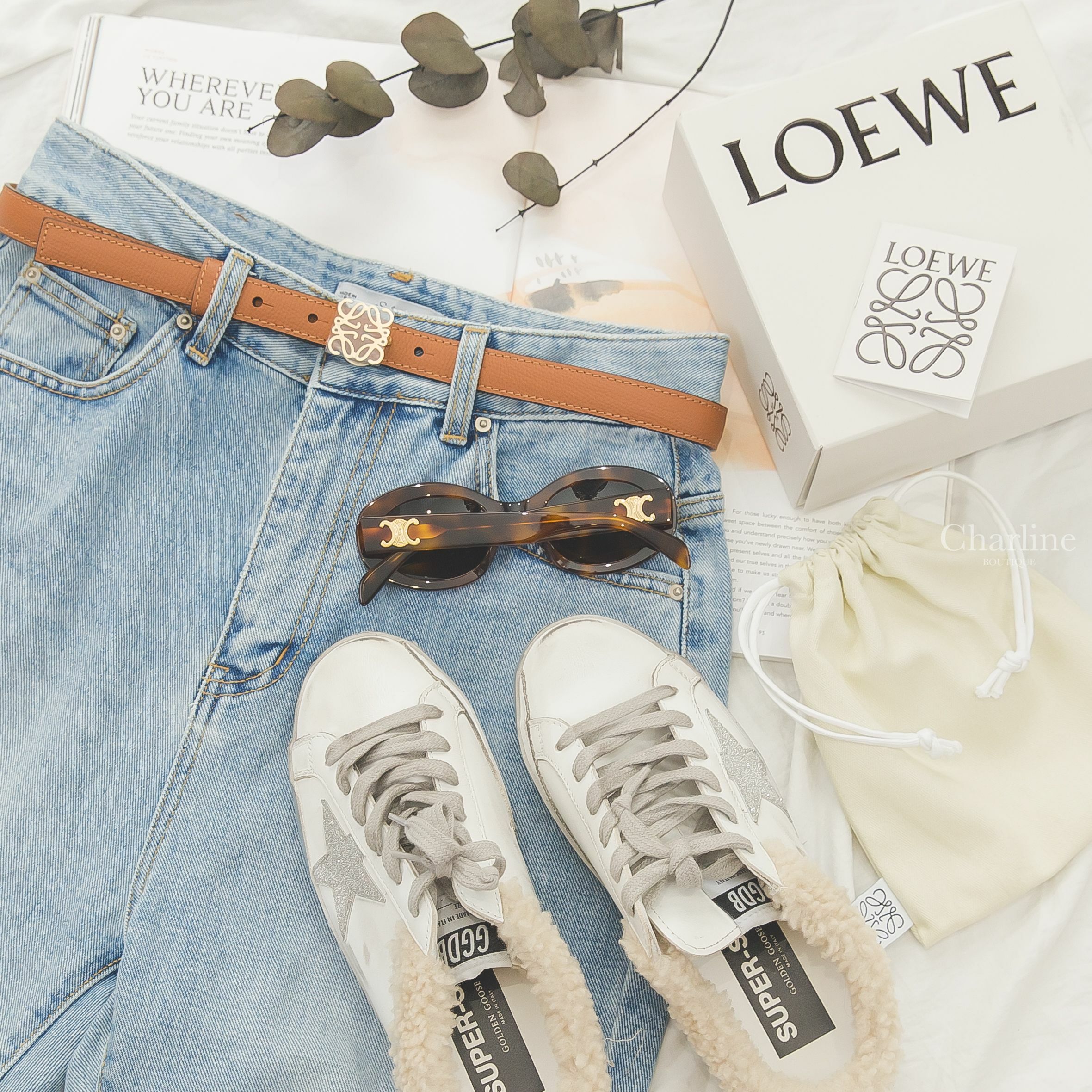 Loewe Anagram Belt 焦糖色小牛皮金色Logo皮帶,Celine Triomphe 01 Sunglasses 琥珀色橢圓框側邊金色凱旋門太陽眼鏡-Charline Boutique 精品代購