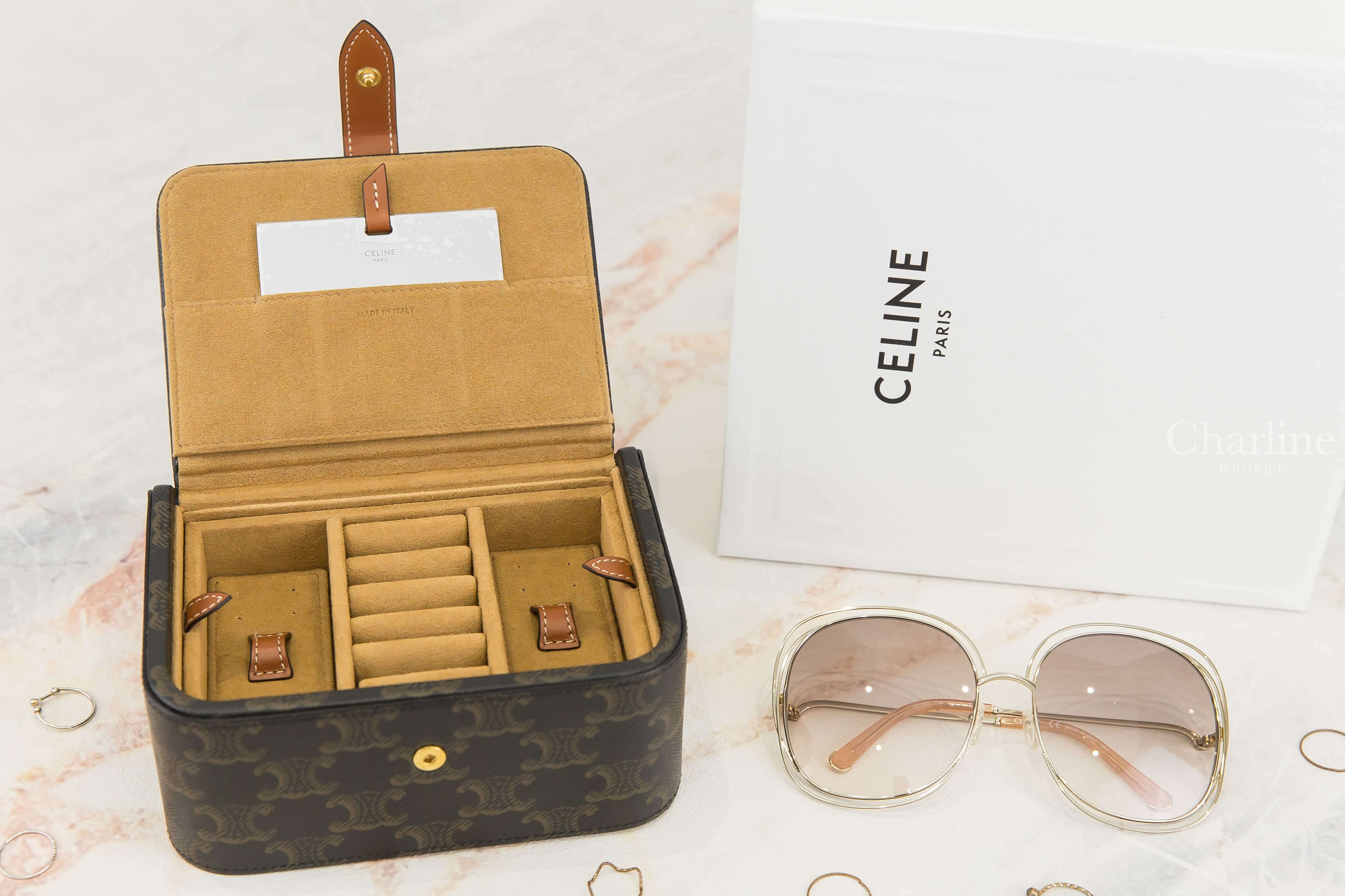 Celine Large Jewels Case In Triomphe Canvas And Calfskin Tan 棕褐色凱旋門老花帆布拼咖啡色牛皮大型雙層飾品盒-Charline Boutique 精品代購