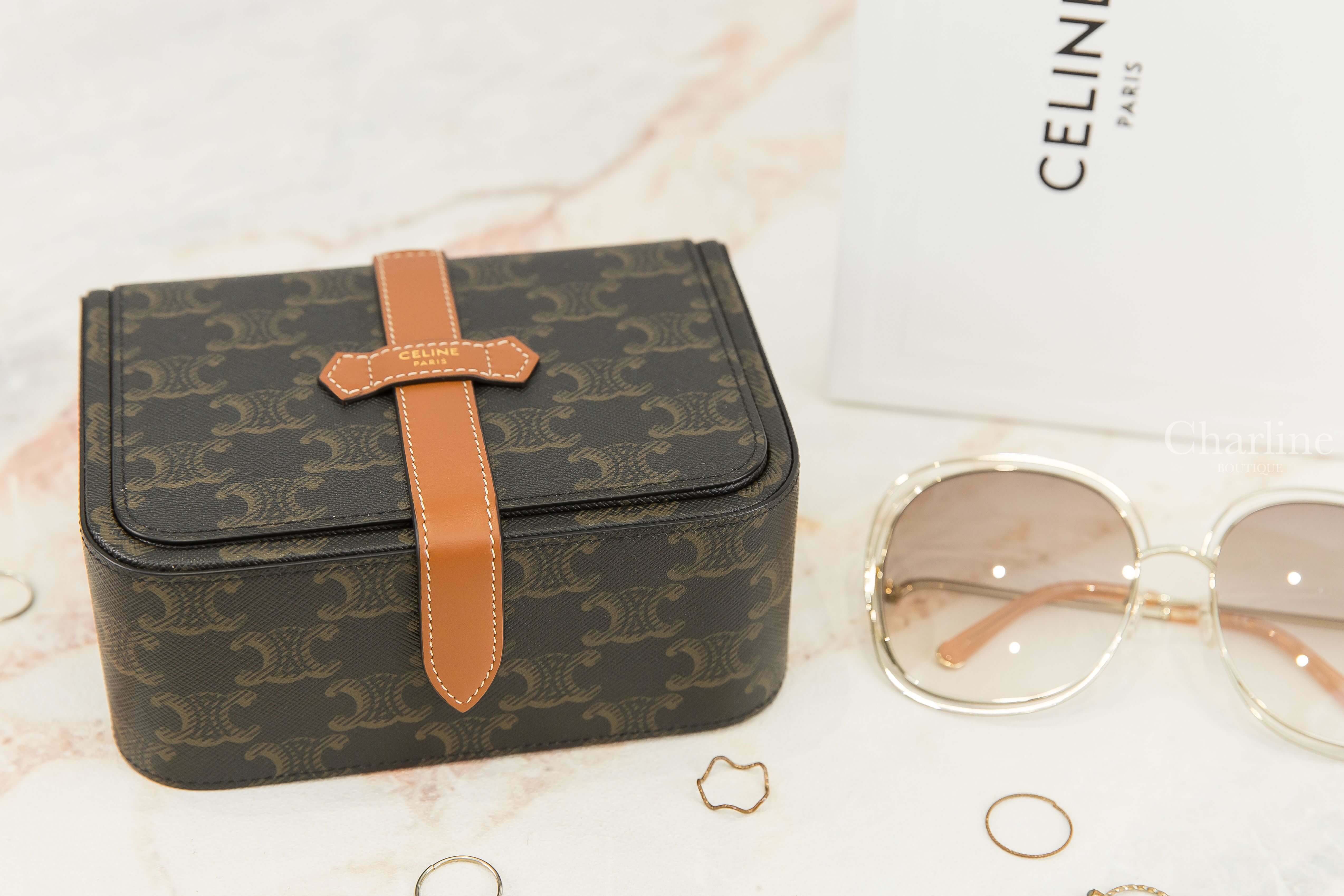 Celine Large Jewels Case In Triomphe Canvas And Calfskin Tan 棕褐色凱旋門老花帆布拼咖啡色小牛皮大型雙層飾品盒