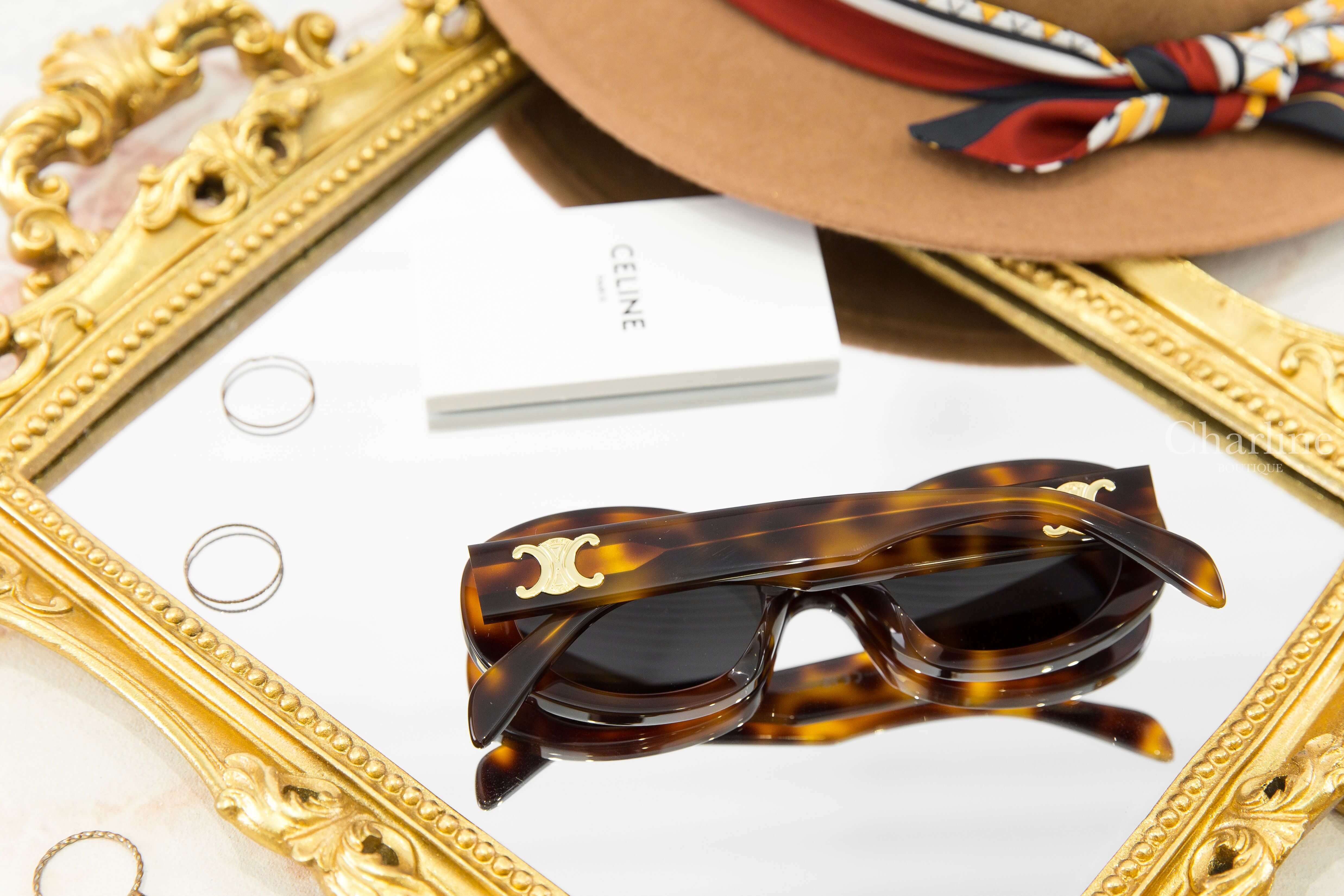 Celine Triomphe 01 Sunglasses In Acetate 琥珀色橢圓框側邊金色凱旋門太陽眼鏡-Charline Boutique 精品代購