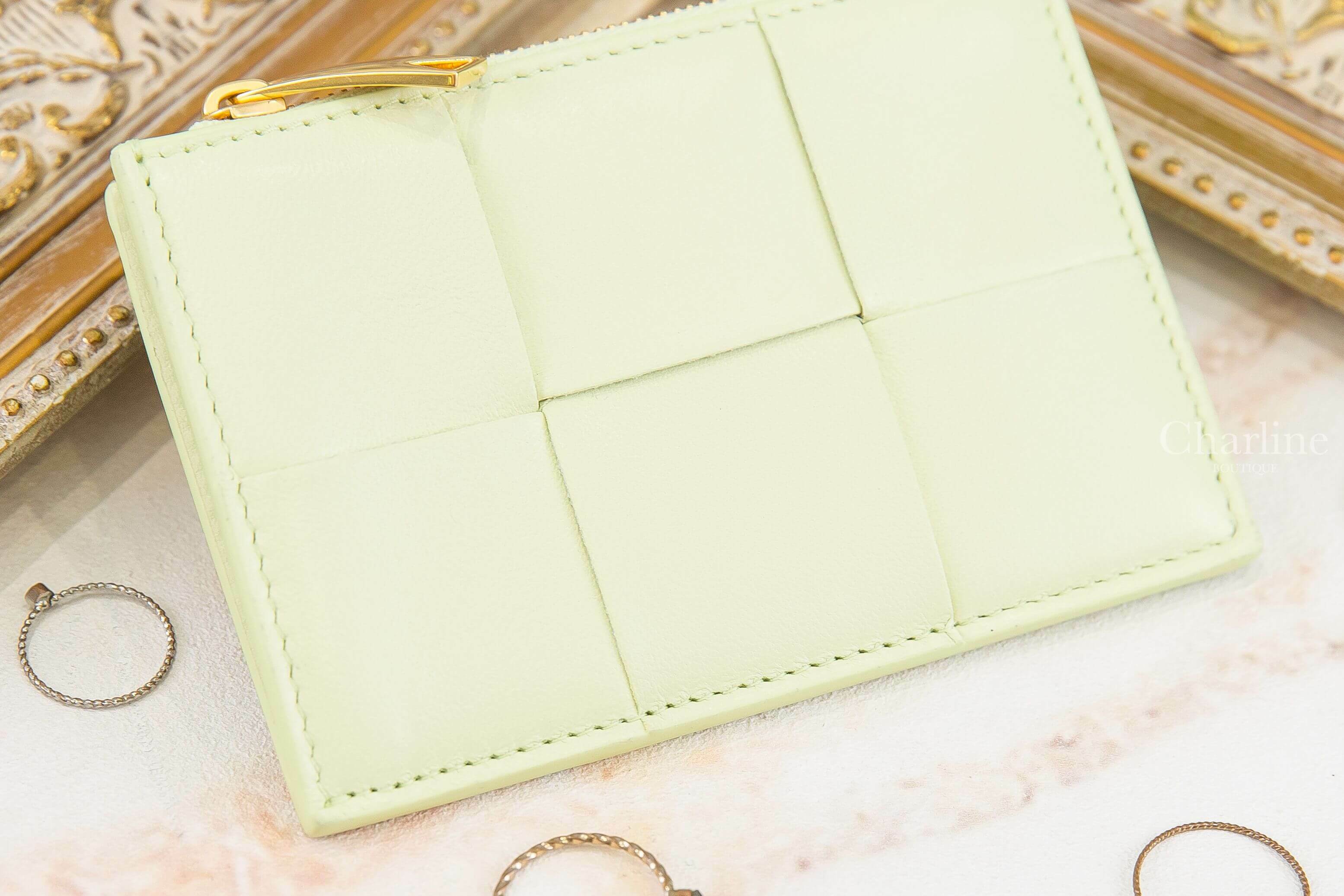 Bottega Veneta Zipped Card Case 檸檬黃大格子編織小羊皮混牛皮拉鍊卡片夾