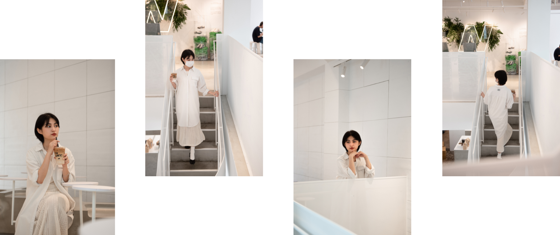 女生在咖啡廳裡穿長版白襯衫與長裙