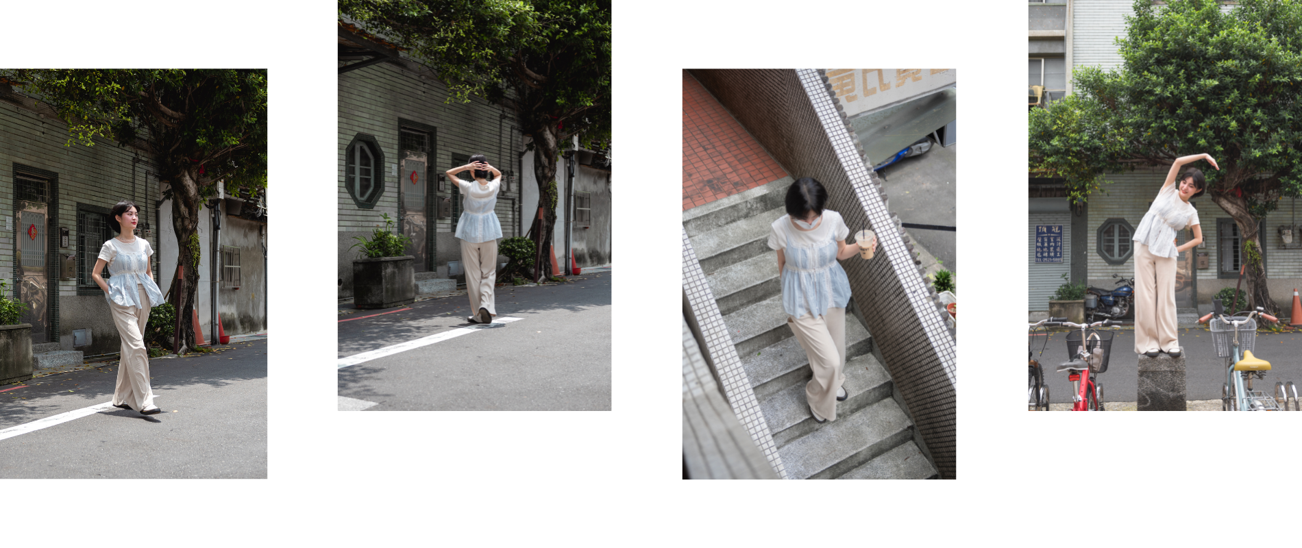 女生穿著短袖上衣外罩小背心，下身著米色寬褲