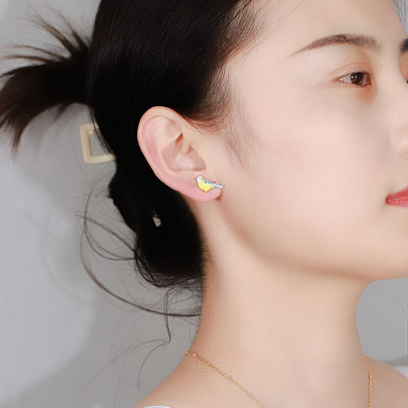 手绘珐琅滴油 小巧可爱 #蓝山雀小鸟 精致耳钉  TDFLL