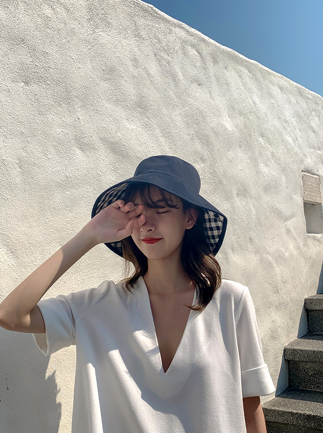 雙面格紋 漁夫帽(黑/米)