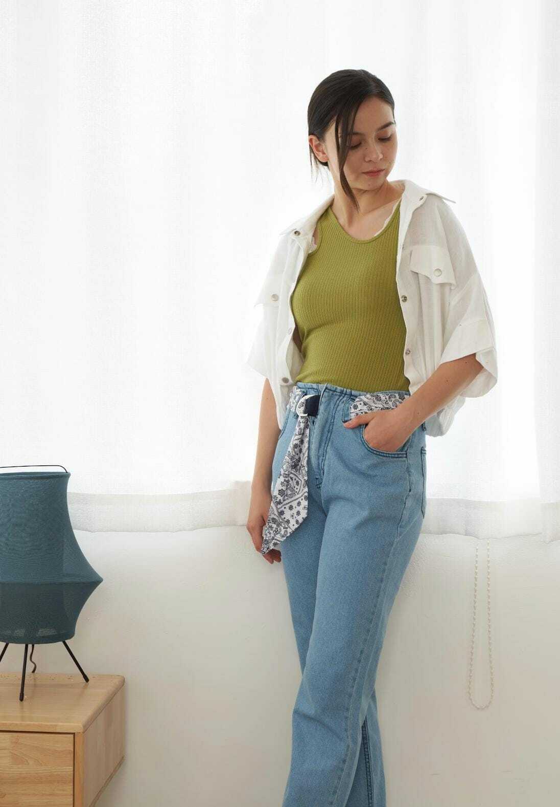 LBQ020 連絲帶中高腰直腳牛仔褲