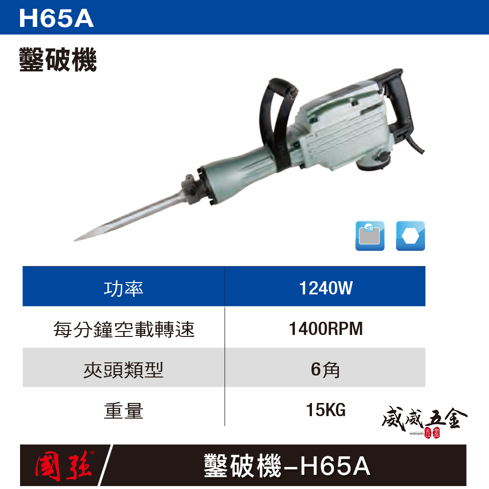 國強｜1240W 電動式電鎚 大型電動鎚鑽 強力型插電破壞鎚 插電式鑿破機 破碎機｜H65 H65A｜公司貨
