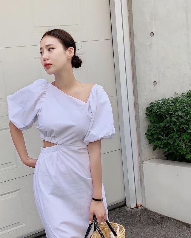 JUNOP259 泡泡袖型格開腰長OP