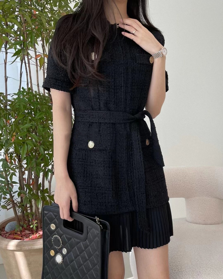 百褶拼接 小香短袖洋裝(黑/白)