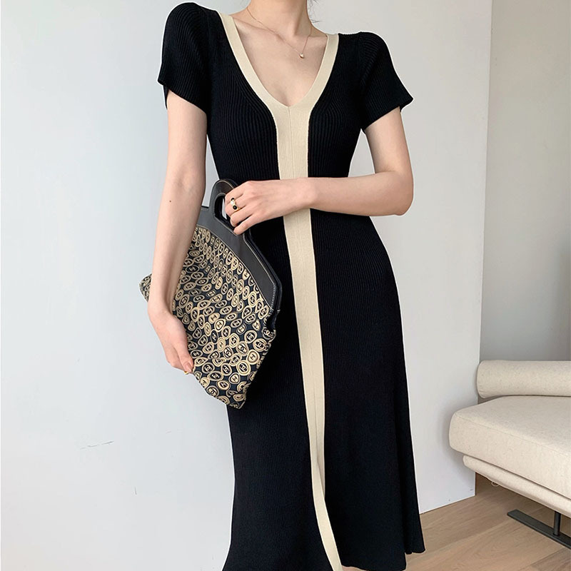 冰絲針織 撞色短袖洋裝(杏白/黑)