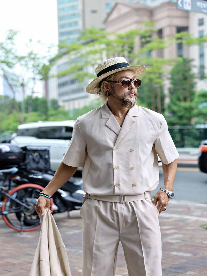 缺角領亞麻雙排扣短袖襯衫