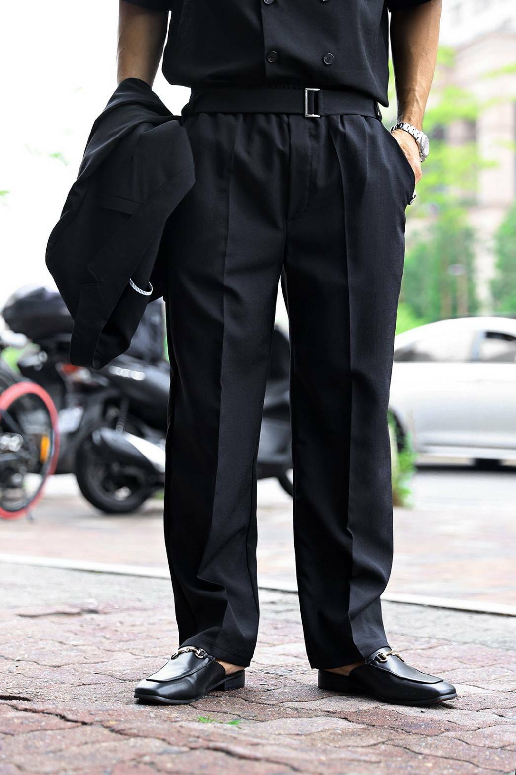 方型腰帶亞麻闊腿褲