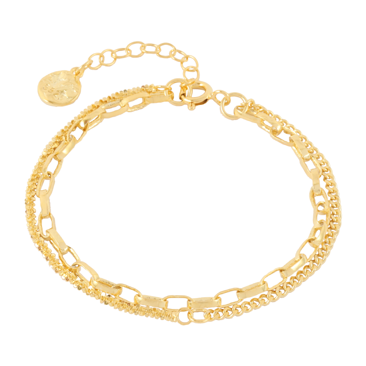 純銀手鍊，女士手鍊 方環串接雙層鍊；打造出氣質不凡的風格（2646金色）