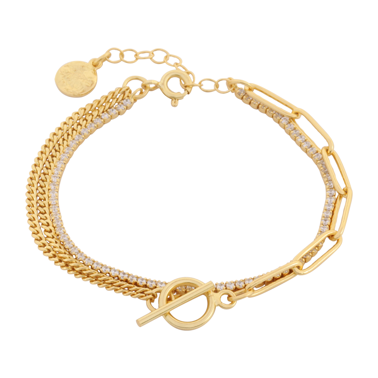 純銀手鍊，女士手鍊 仿T型扣造型；鑲鋯雙層鍊身設計（2647金色）