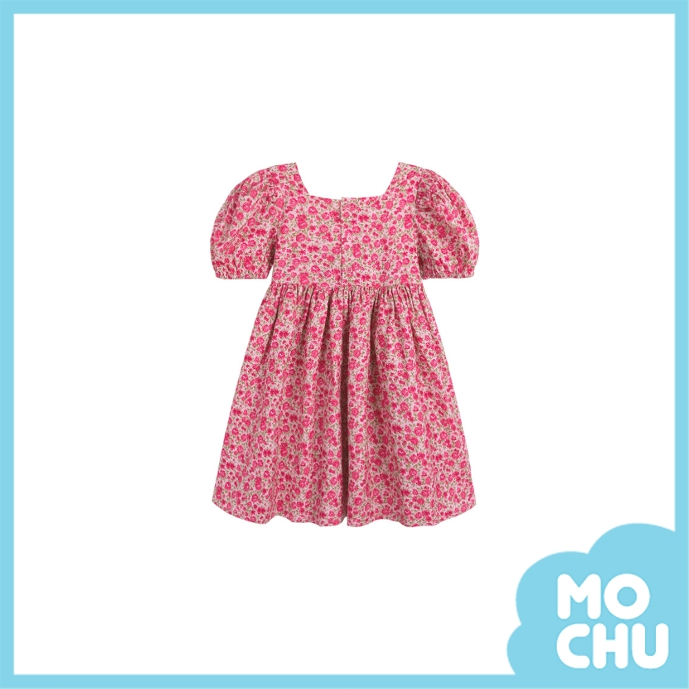 粉色碎花方領連衣裙