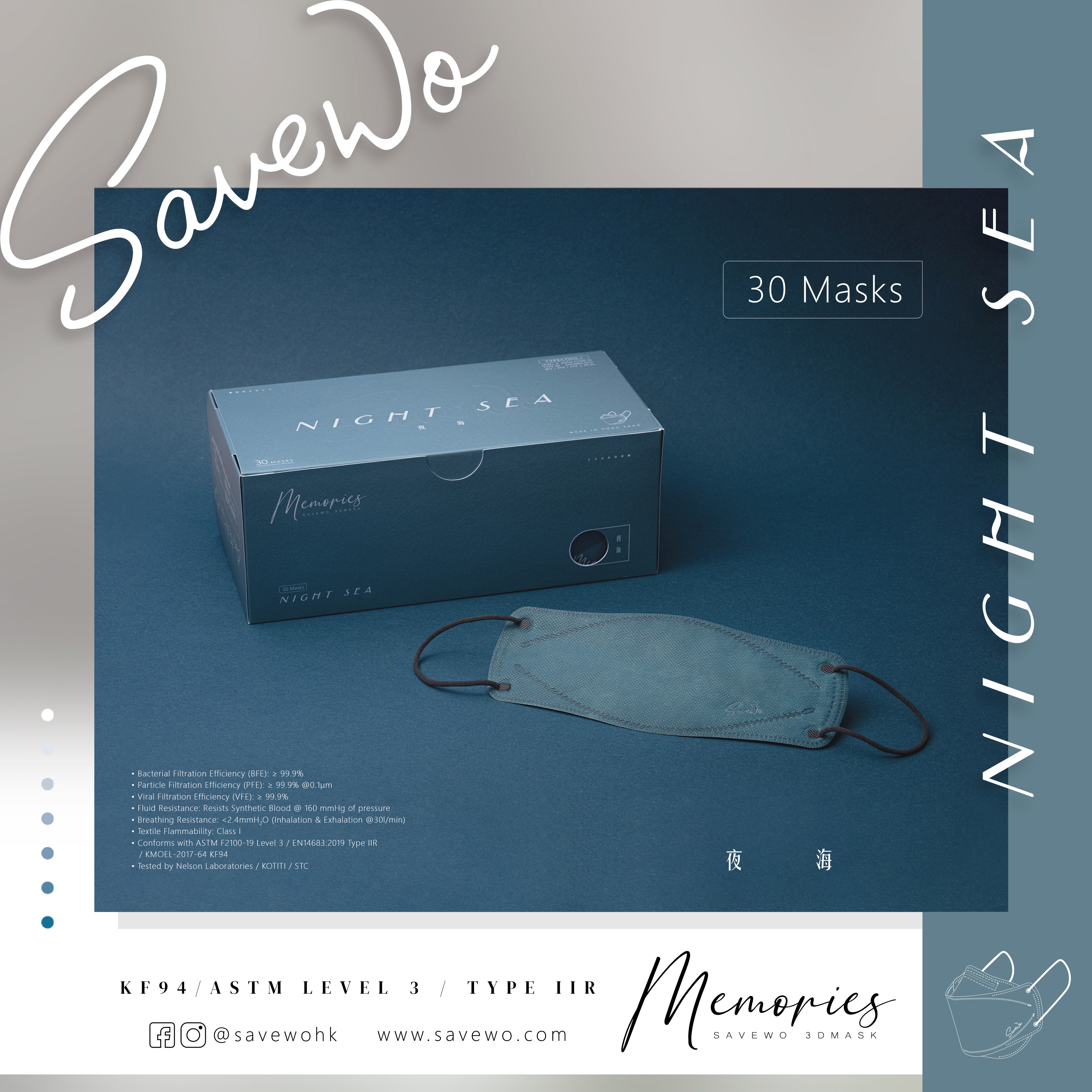 *R 標準碼* SAVEWO 3DMASK Memories 救世超立體口罩 夜海 (30片獨立包裝/盒)