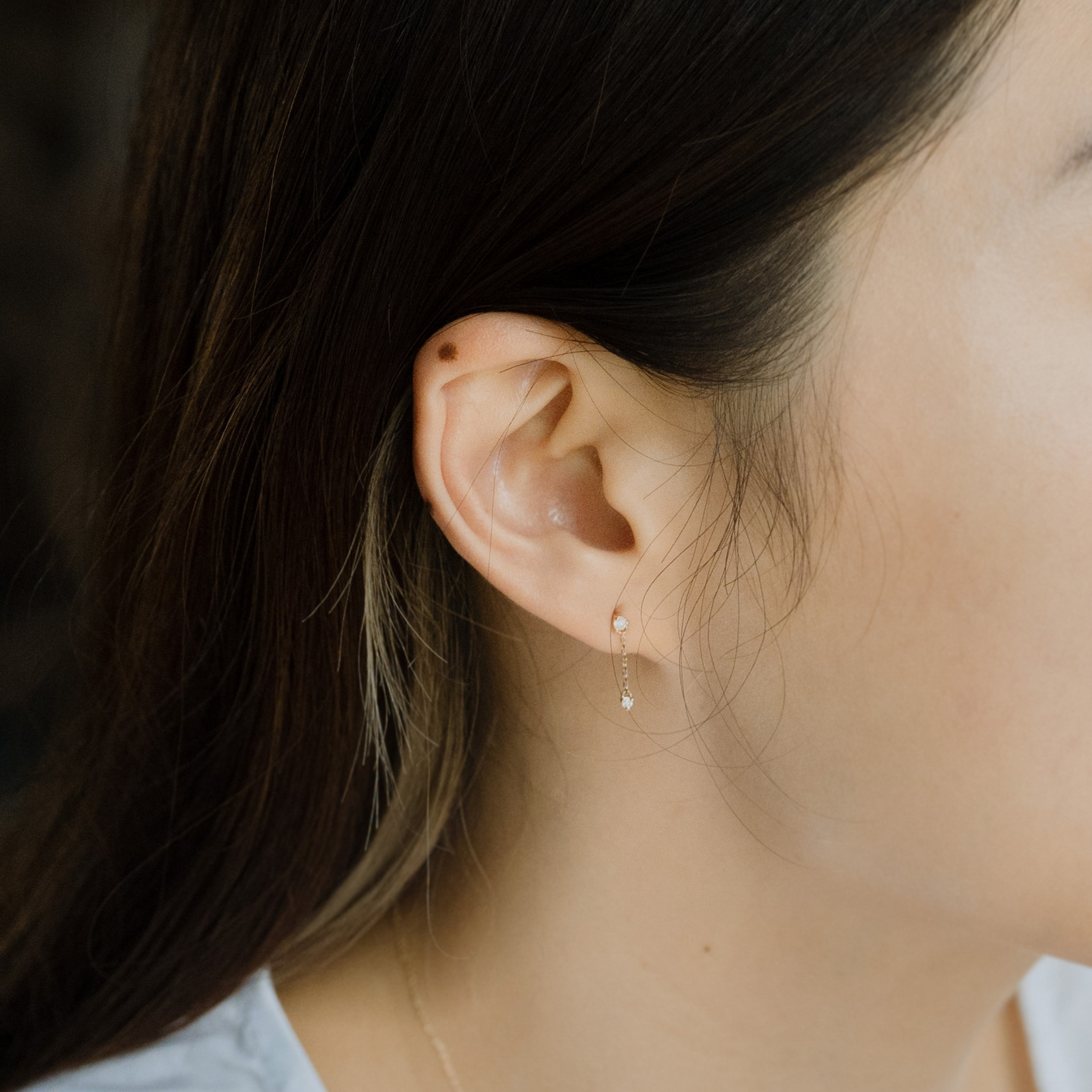 14K mini三爪真鑽小鏈子耳環(單)