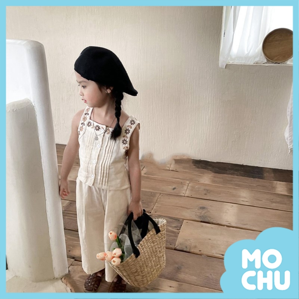 刺繡短款背心+闊腿褲套裝