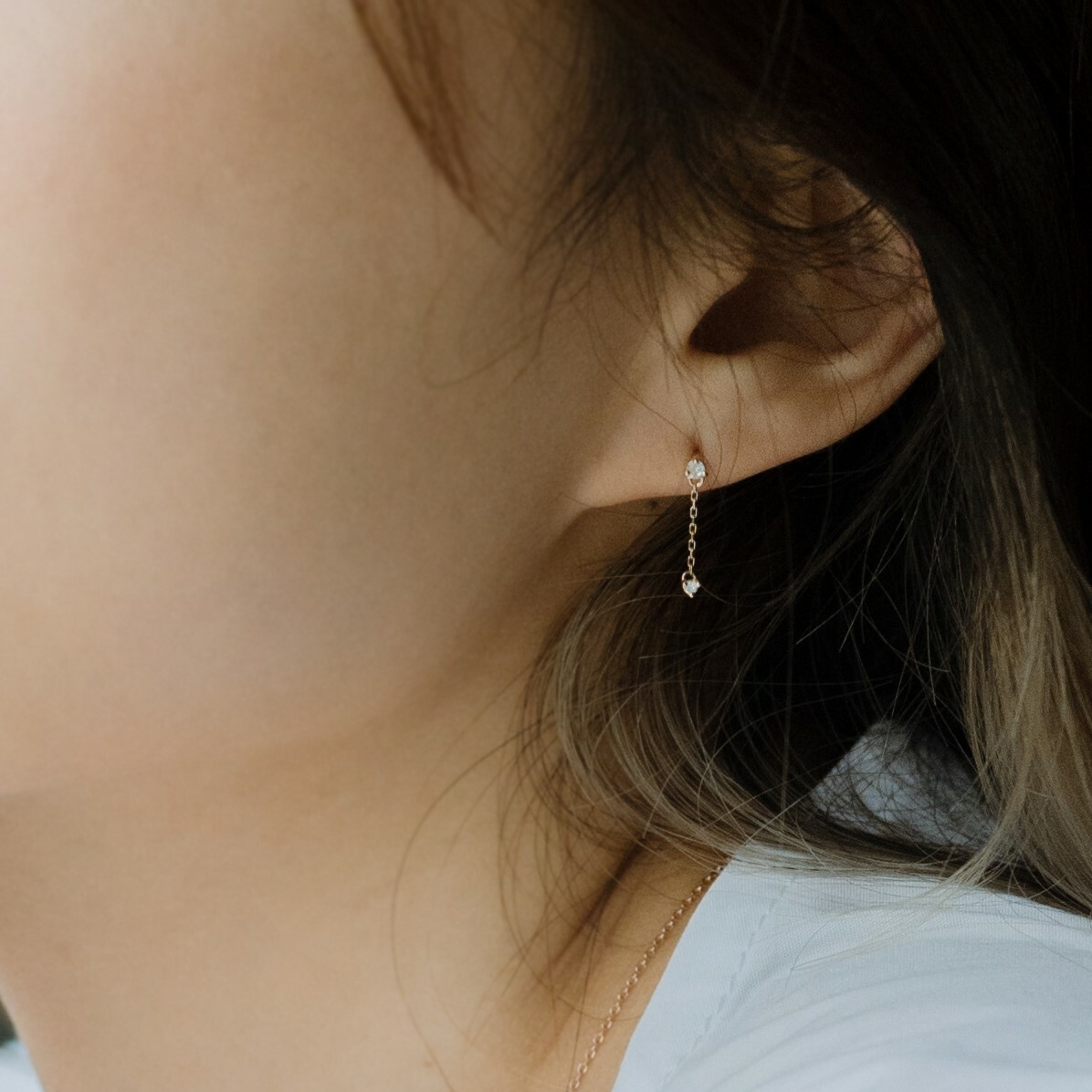 14K mini三爪真鑽小鏈子耳環(單)