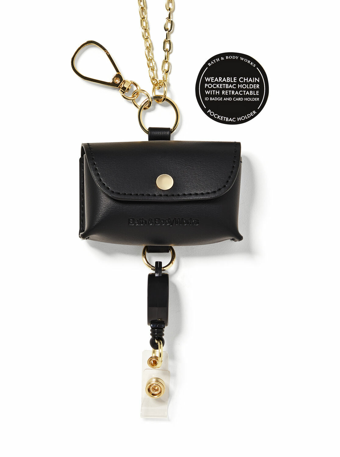 現貨｜BATH AND BODY WORKS  Sanitizer holder 搓手液套 - WEARABLE SNAPCASE CHAIN ID CARD PocketBac Holder 黑色掛頸金鏈皮套卡片扣 BBW