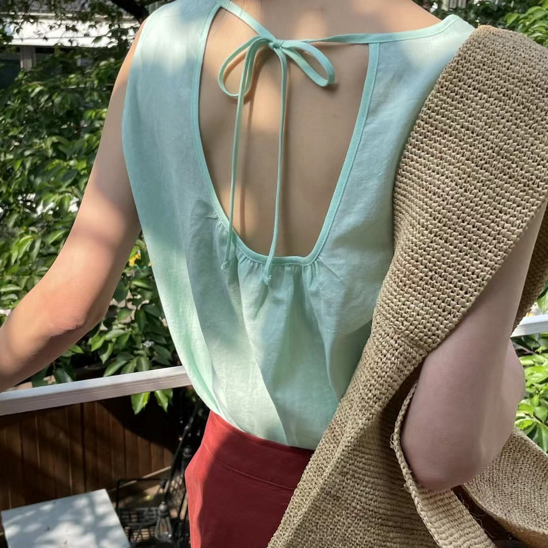 後打結挖空棉麻背心(綠)