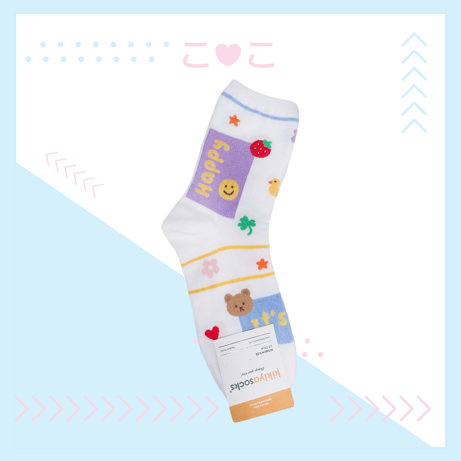 正韓黑皮笑臉草莓花花熊襪子