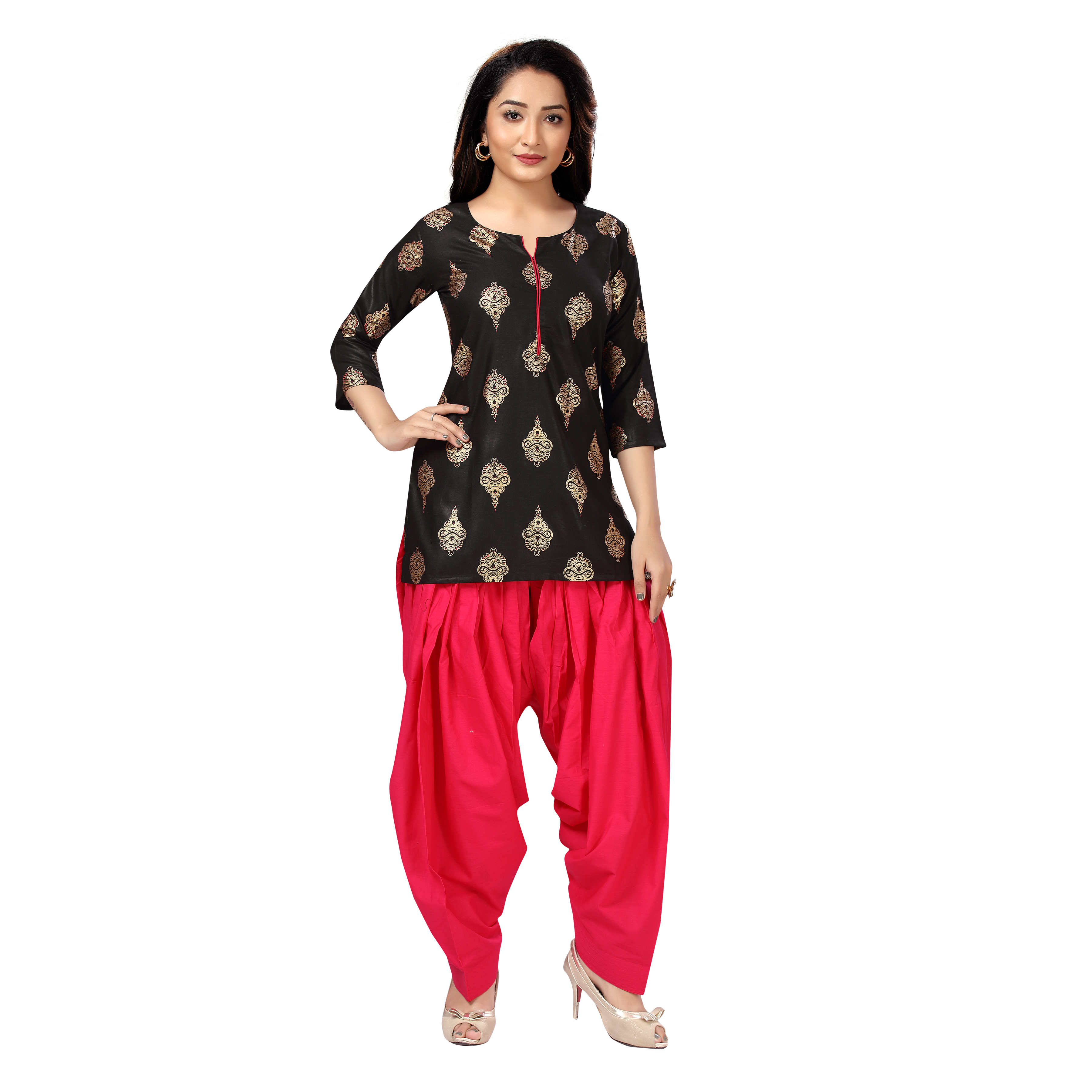 Sonali Women Short Gold Print Black Rayon Kurtis  Jippa Top  / Indian Ladies Top / Kurtis Wanita Warna Hitam / Plus Sizes Kurtis  Q1639