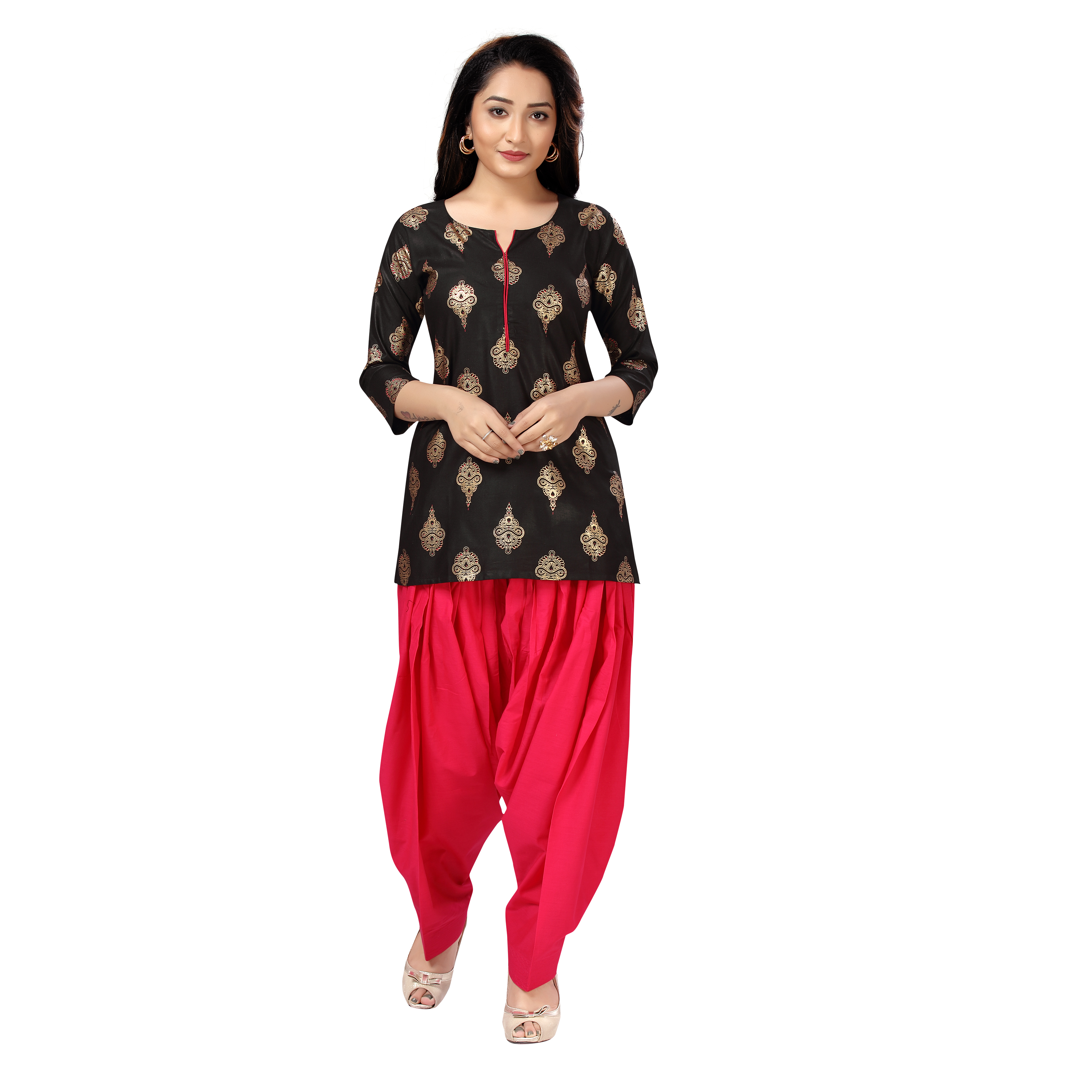 Sonali Women Short Gold Print Black Rayon Kurtis  Jippa Top  / Indian Ladies Top / Kurtis Wanita Warna Hitam / Plus Sizes Kurtis  Q1639