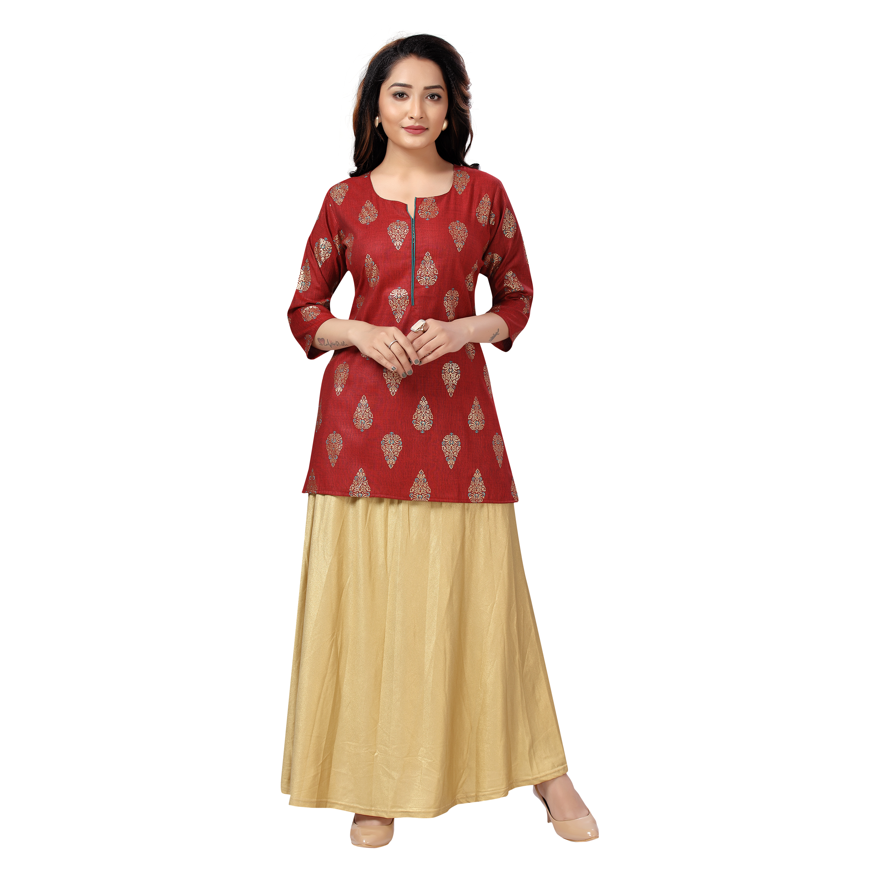 Sonali Women Short Gold Print Red Rayon Kurtis  Jippa Top  / Indian Ladies Top / Kurtis Wanita Warna Merah / Plus Sizes Kurtis  Q1642