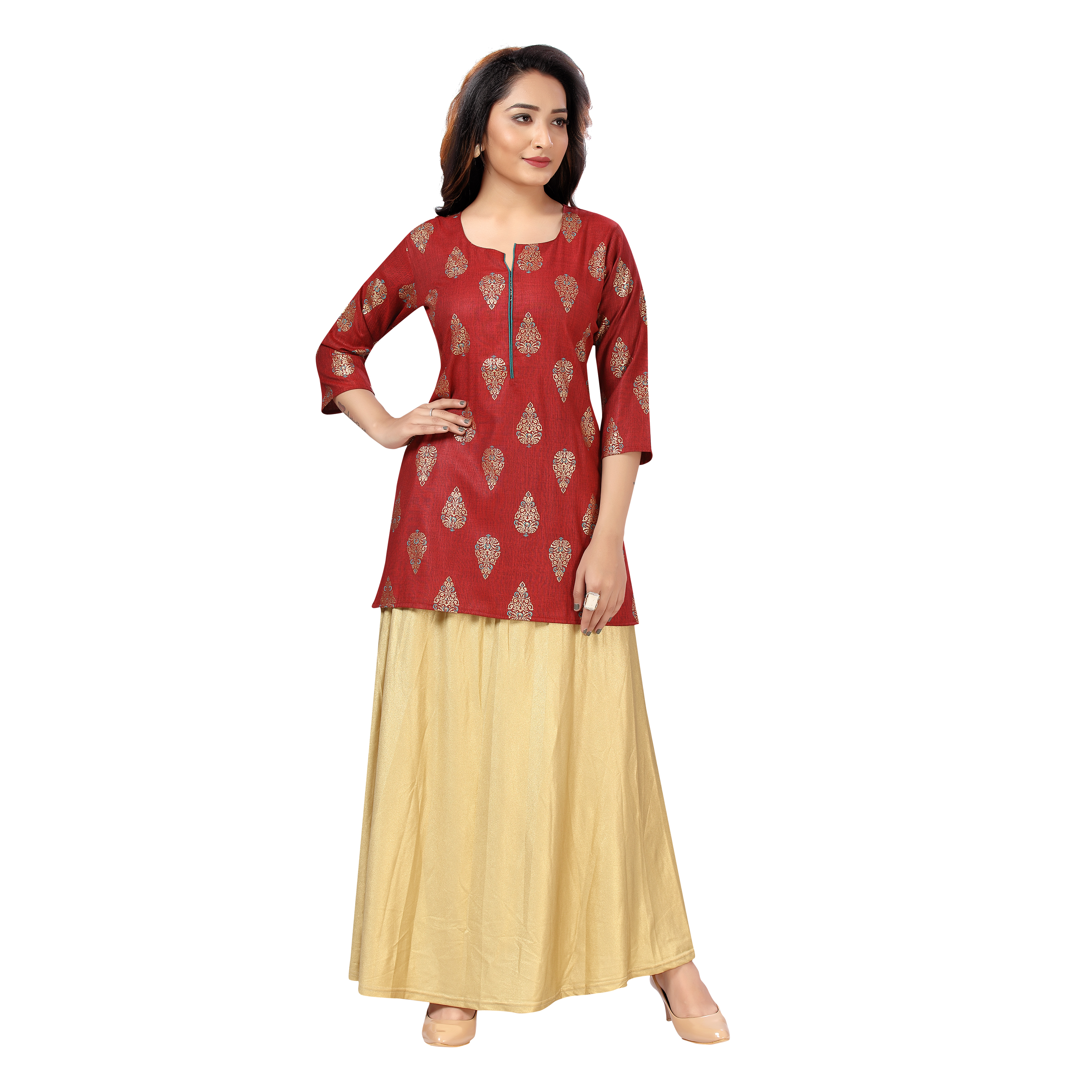 Sonali Women Short Gold Print Red Rayon Kurtis  Jippa Top  / Indian Ladies Top / Kurtis Wanita Warna Merah / Plus Sizes Kurtis  Q1642