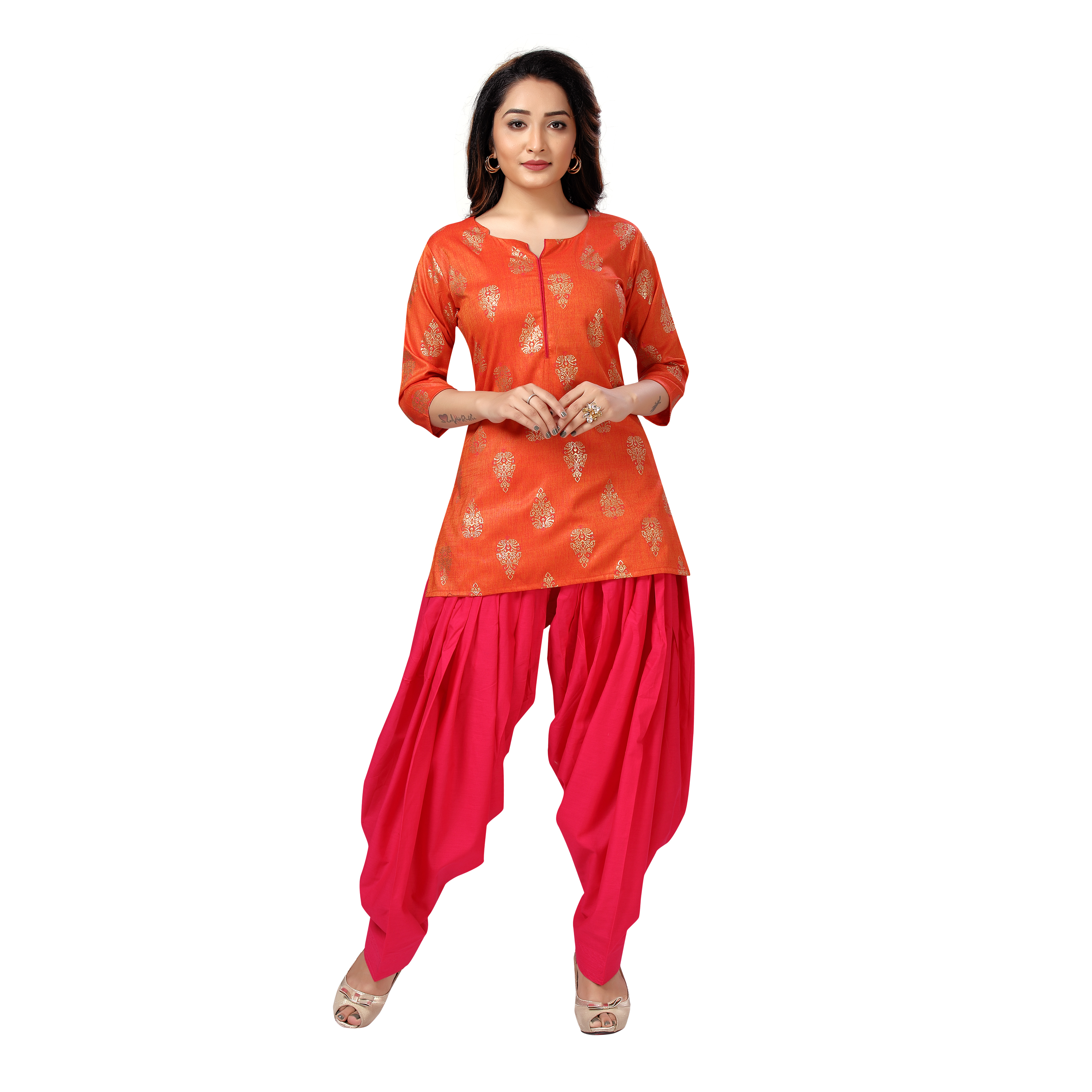 Sonali Women Short Gold Print Orange Rayon Kurtis  Jippa Top  / Indian Ladies Top / Kurtis Wanita Warna Jingga / Plus Sizes Kurtis  Q1640