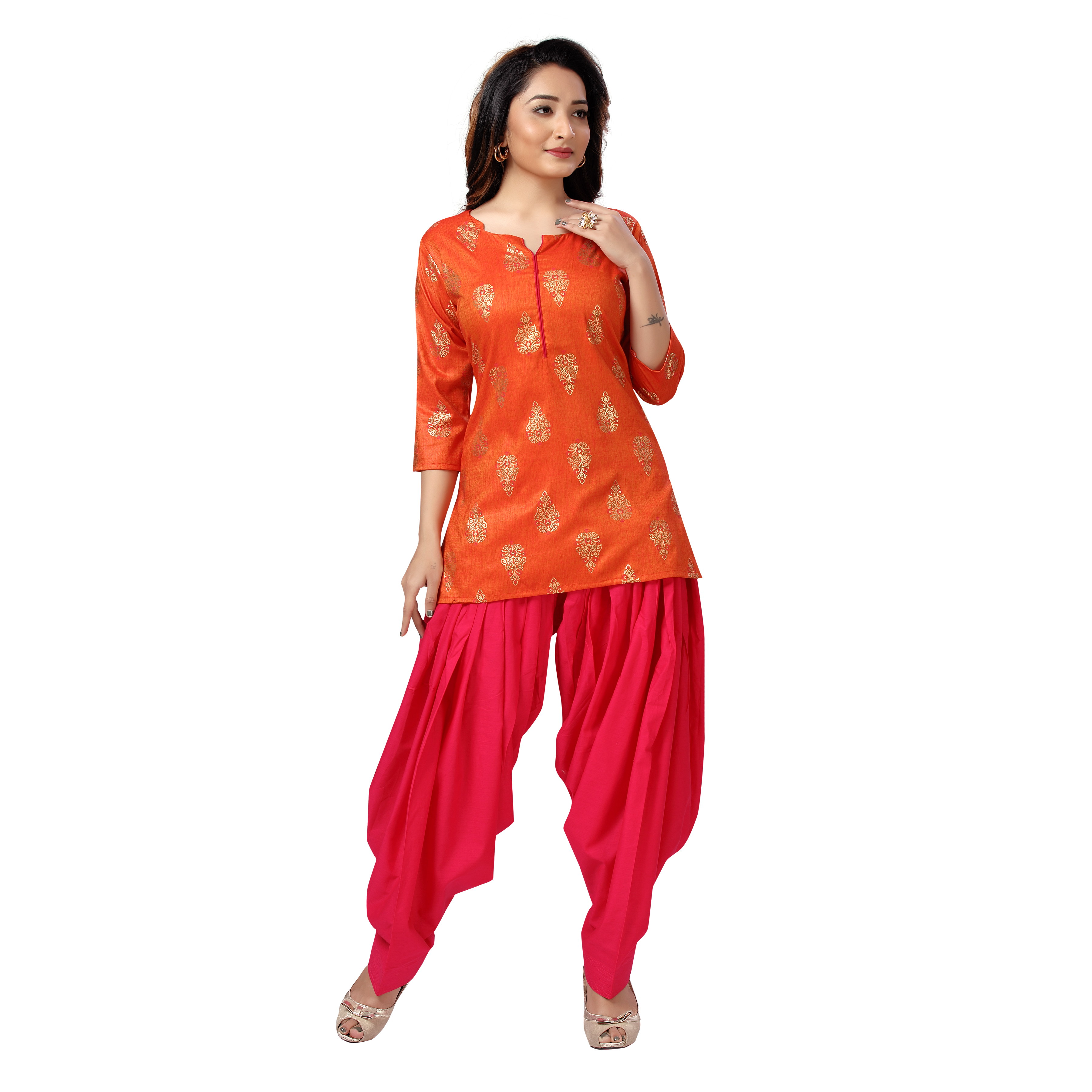 Sonali Women Short Gold Print Orange Rayon Kurtis  Jippa Top  / Indian Ladies Top / Kurtis Wanita Warna Jingga / Plus Sizes Kurtis  Q1640