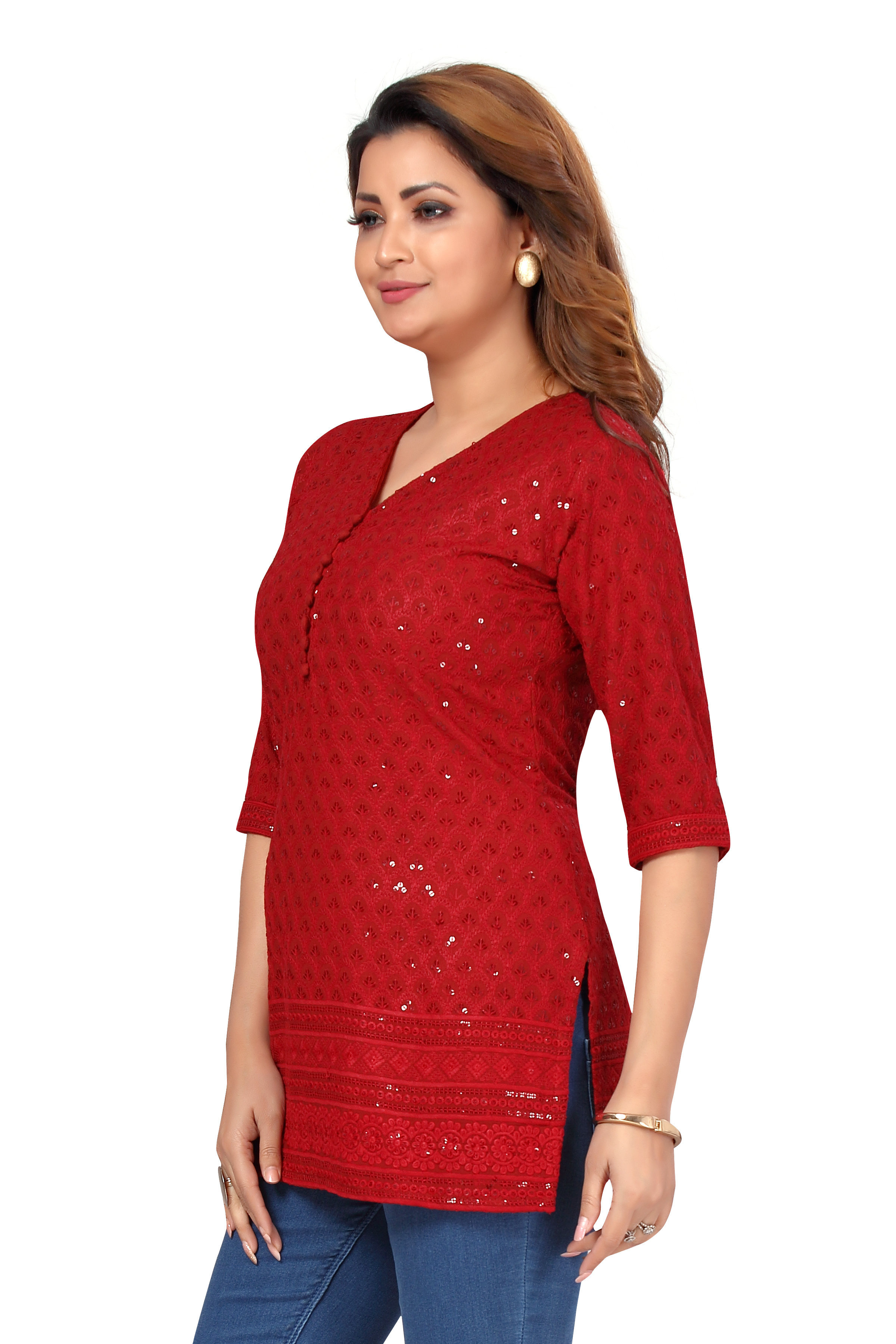 Sonali Women Red Chikan With Full Front & Back Sequins Kurti / Short Top Plus Size  / Kurti Wanita Berwarna Merah Sequins Q1624