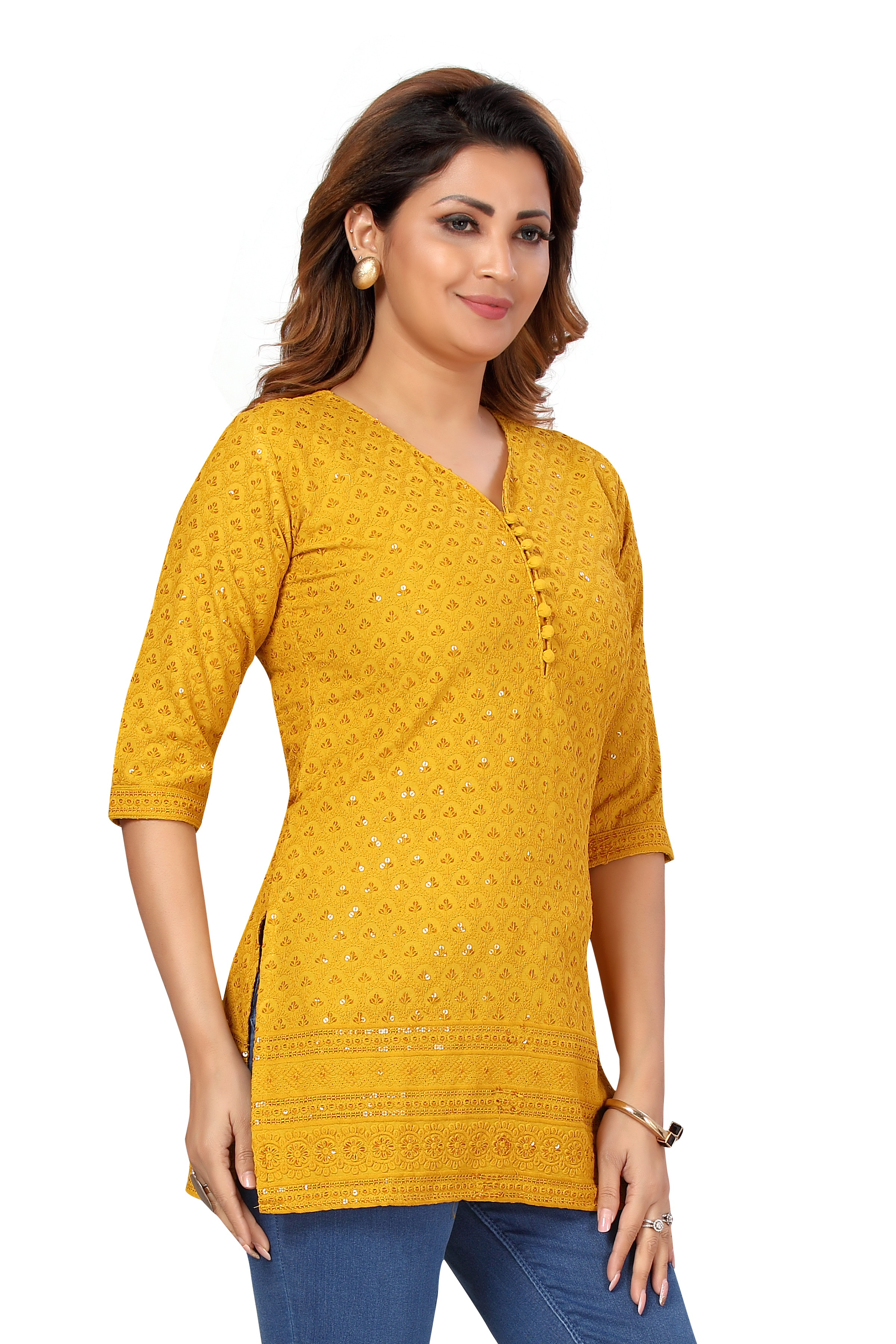 Sonali Women Yellow Chikan With Full Front & Back Sequins Kurti / Short Top Plus Size  / Kurti Wanita Berwarna Golden Sequins Q1625