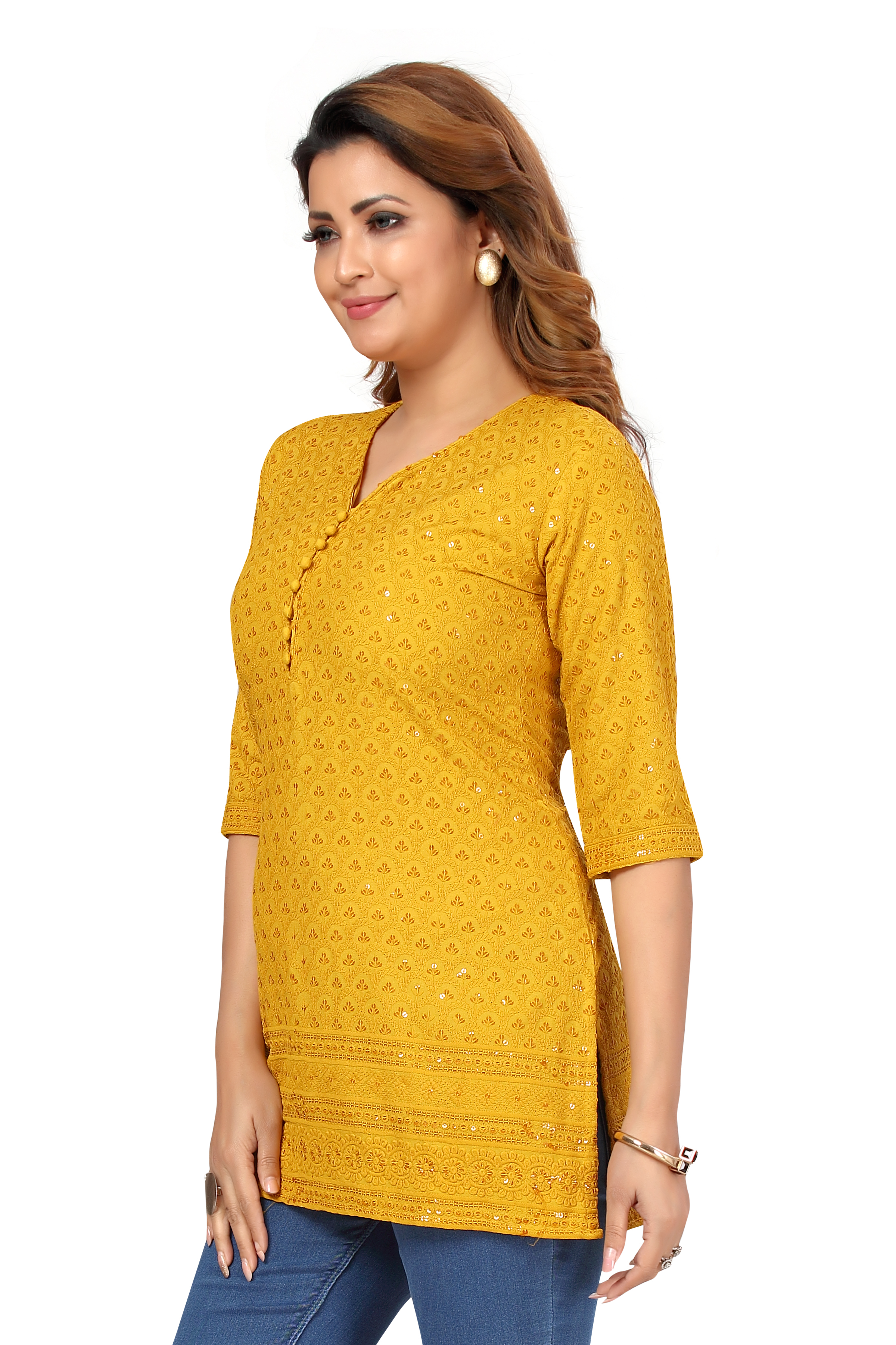 Sonali Women Yellow Chikan With Full Front & Back Sequins Kurti / Short Top Plus Size  / Kurti Wanita Berwarna Golden Sequins Q1625