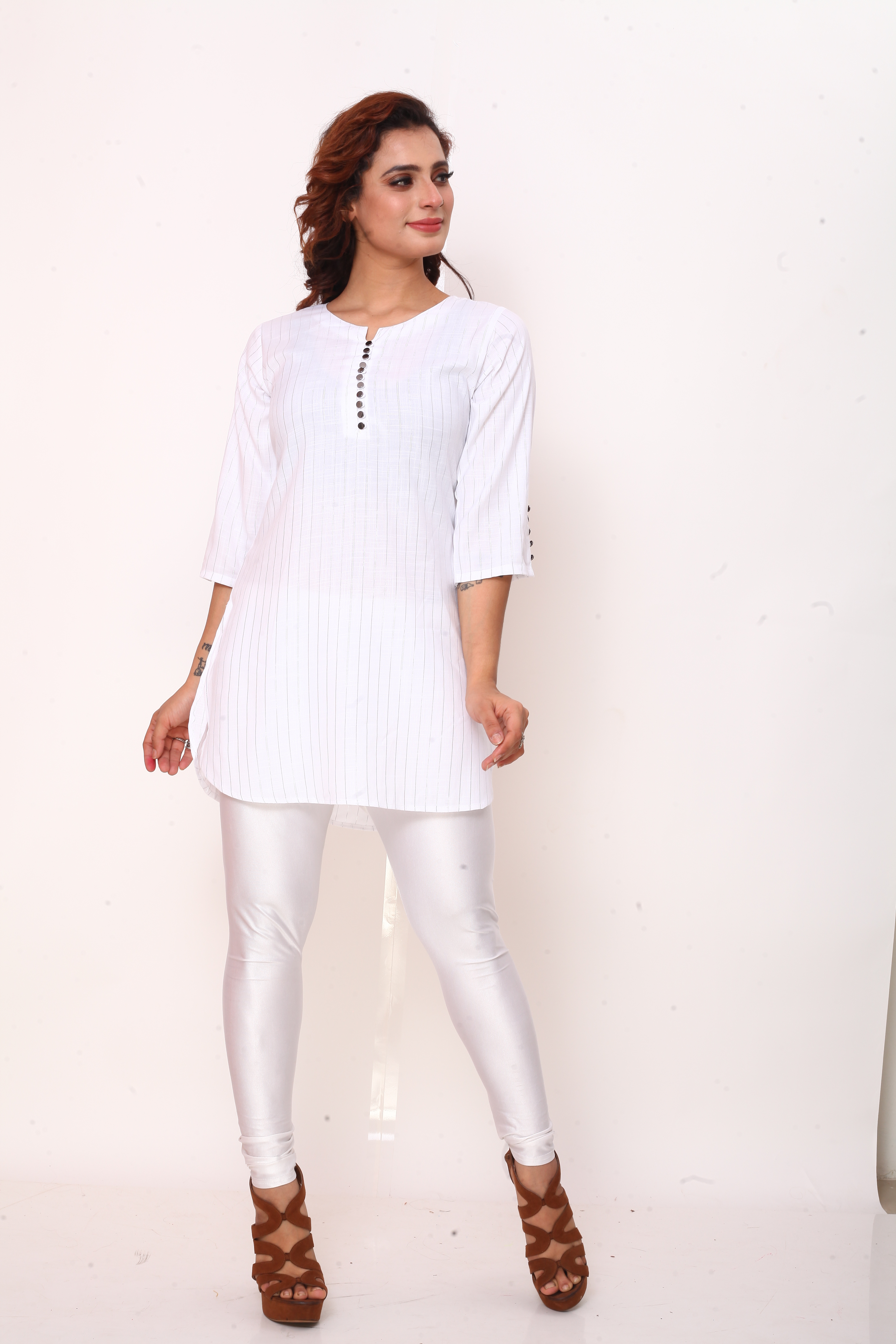 Sonali Women White Kurti Metalic Design Soft Cool Short Plus Size Kurtis / Indian Soft Short Top / Kurti Wanita Warna Putih Q1616