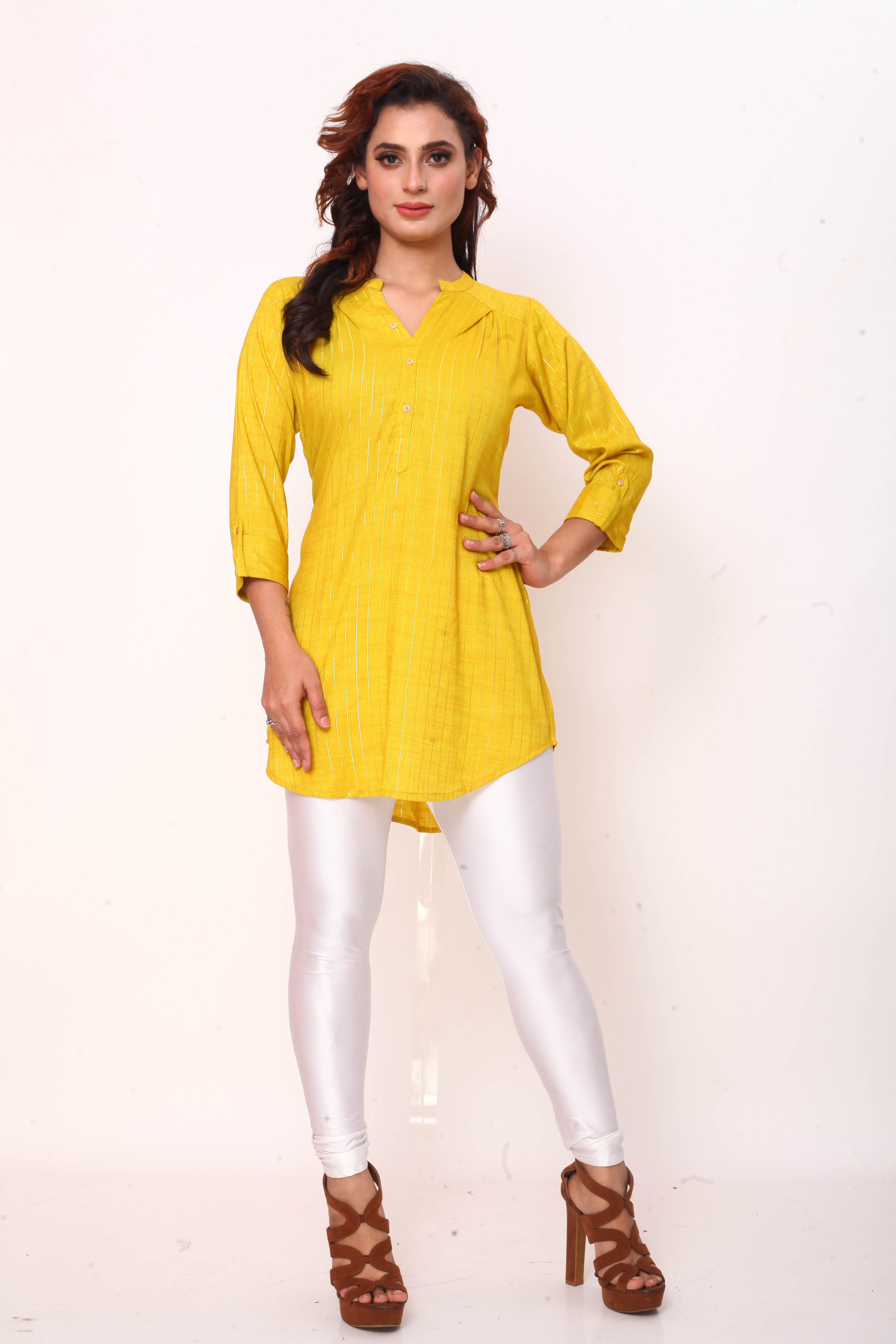 Sonali Women Yellow Kurti Metalic Design Soft Cool Short Plus Size Kurtis / Indian Soft Short Top / Kurti Wanita Warna Kuning Q1615