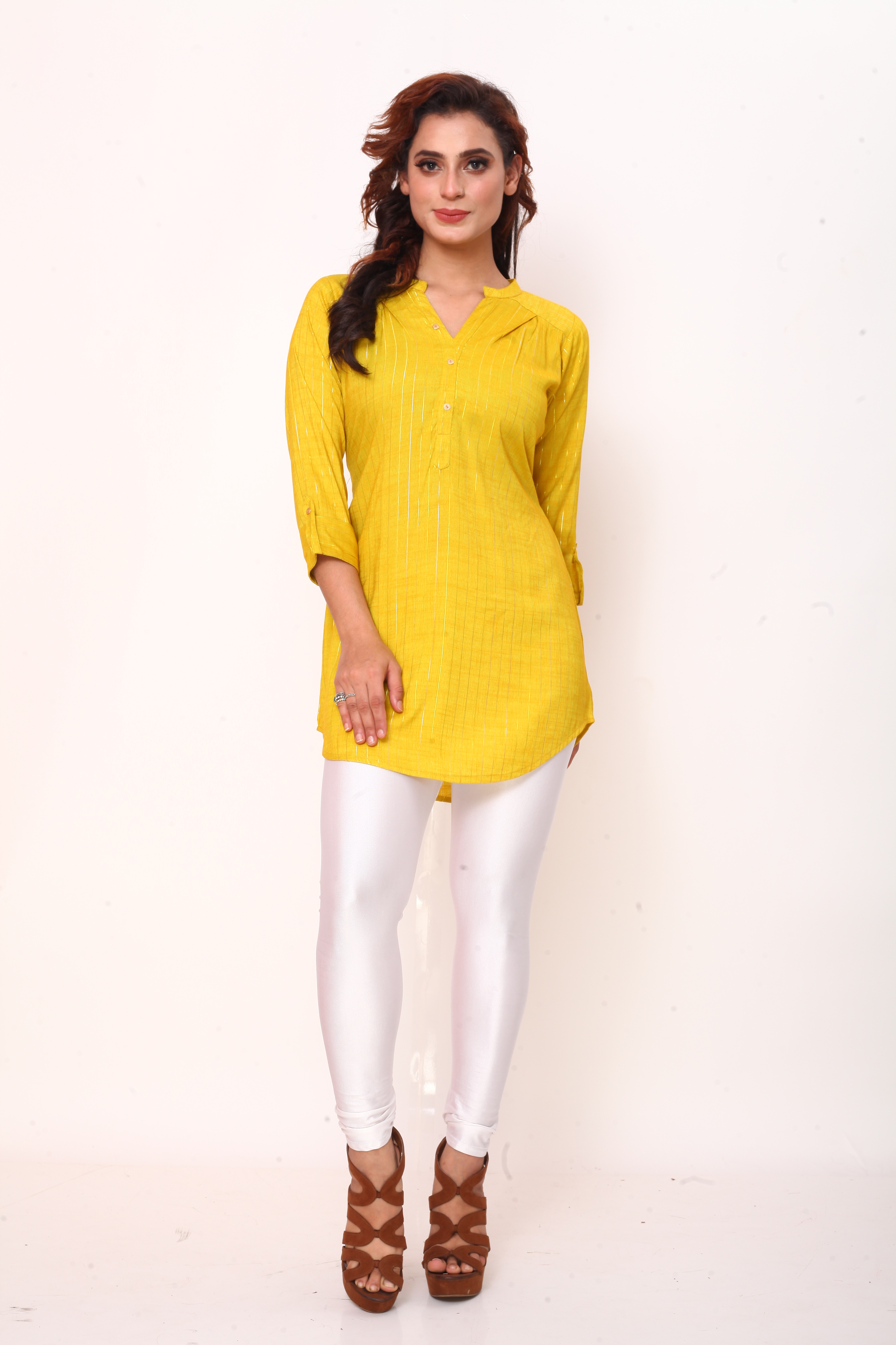 Sonali Women Yellow Kurti Metalic Design Soft Cool Short Plus Size Kurtis / Indian Soft Short Top / Kurti Wanita Warna Kuning Q1615